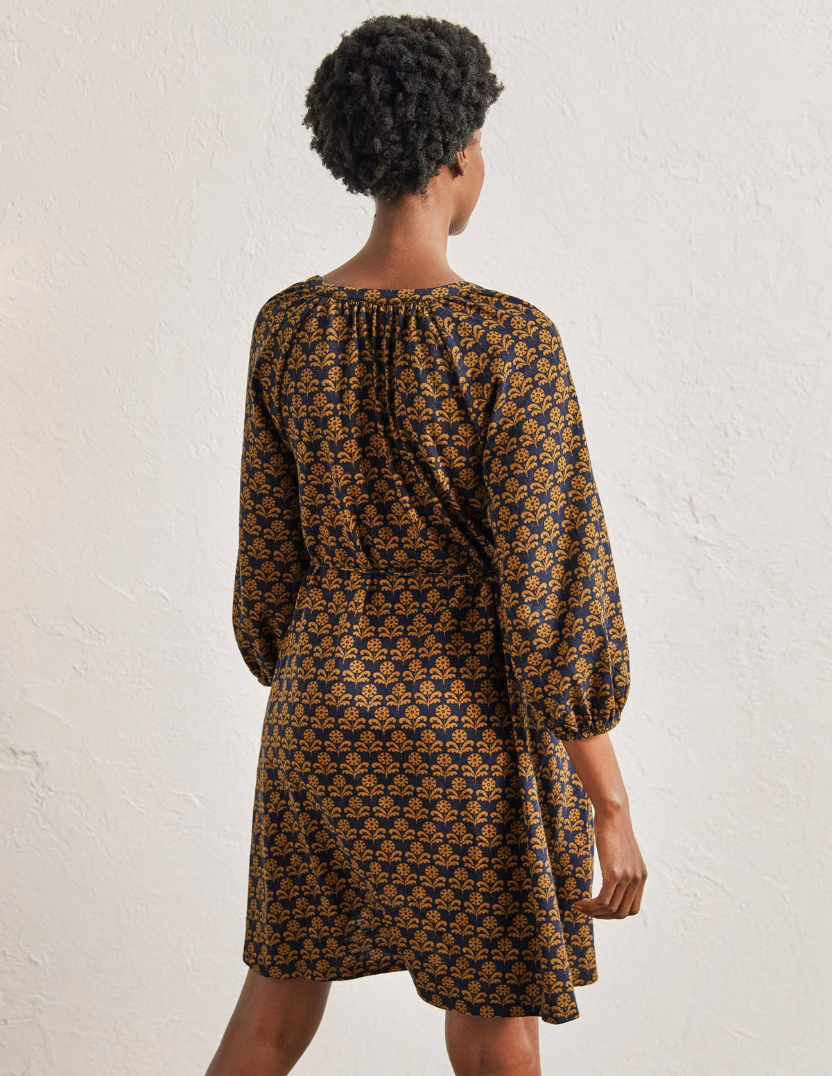 Notch Neck Jersey Mini Dress-Frankincense, Leaf Geo-3