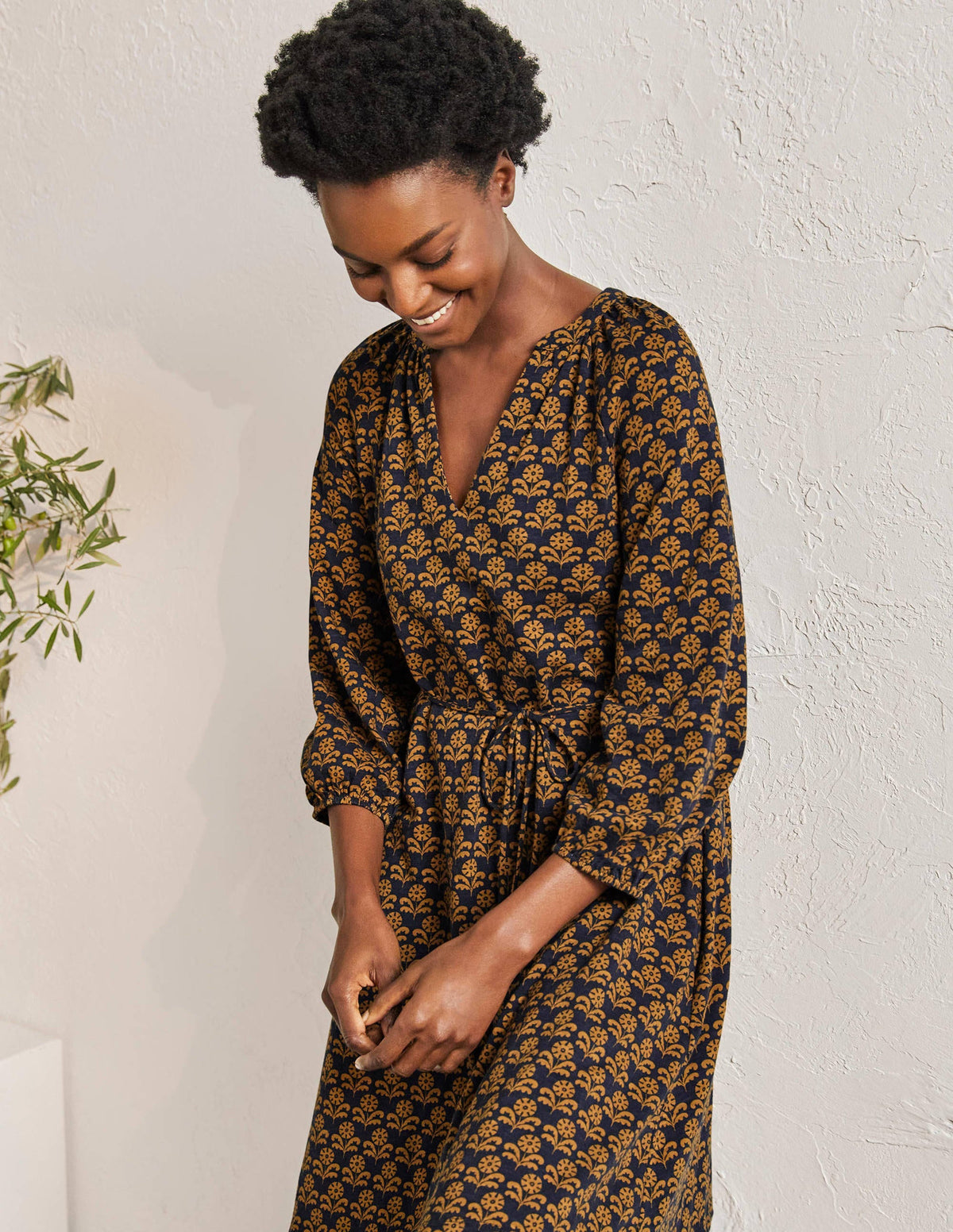 Notch Neck Jersey Mini Dress-Frankincense, Leaf Geo-4