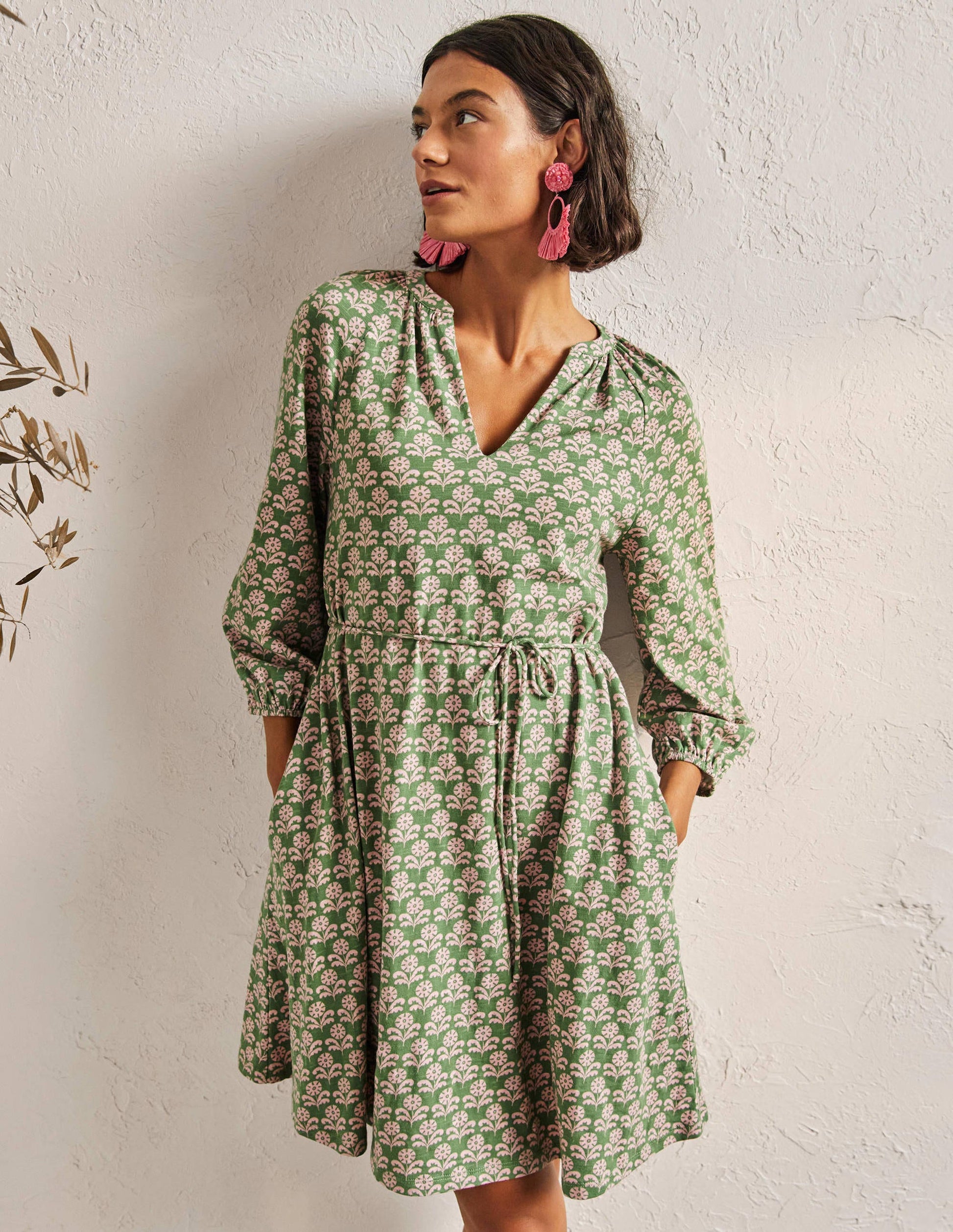 Notch Neck Jersey Mini Dress-English Ivy, Leaf Geo-1
