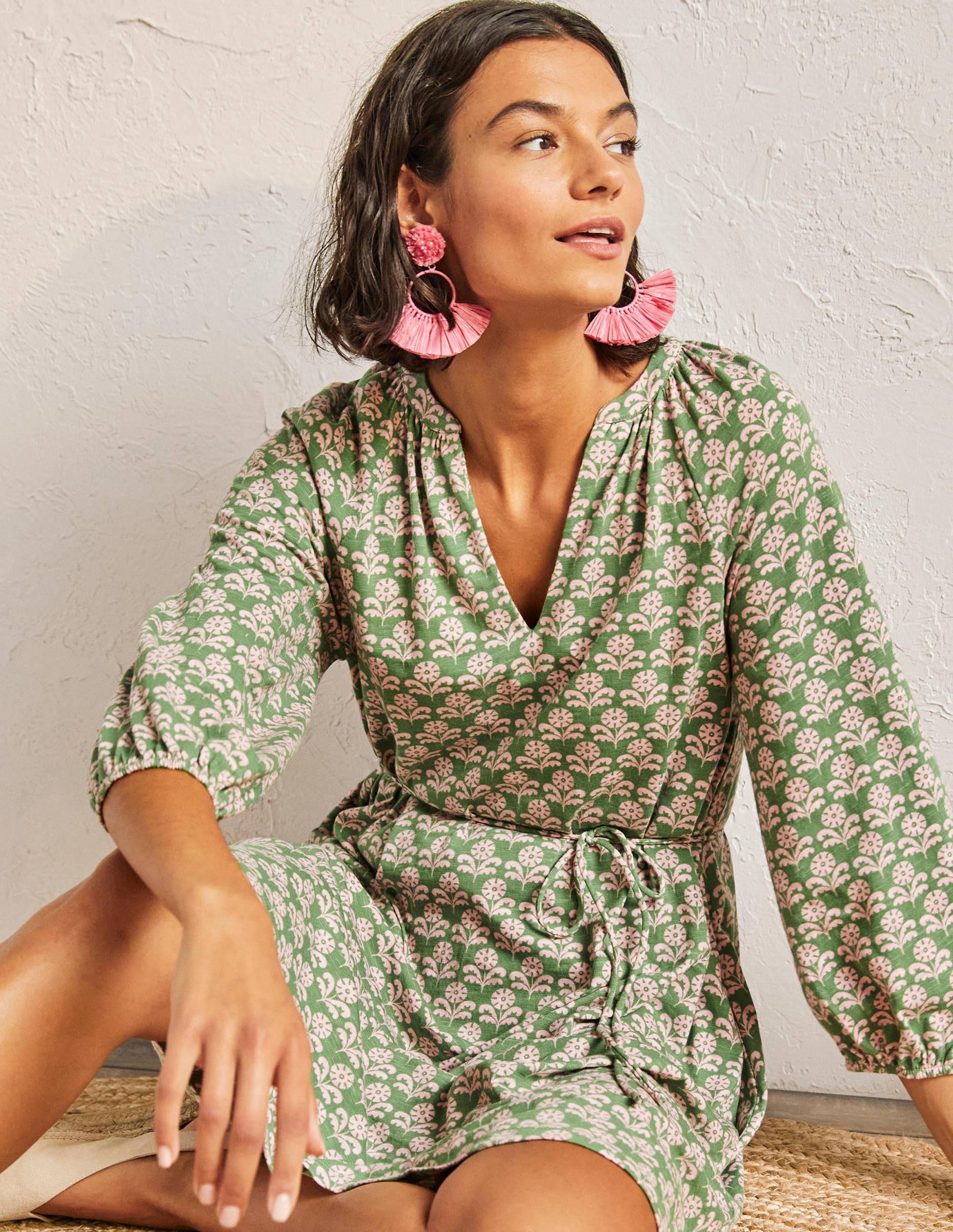 Notch Neck Jersey Mini Dress-English Ivy, Leaf Geo-4