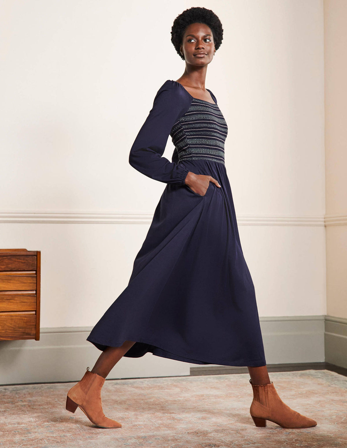 Smocked Jersey Midi Dress-Navy-1