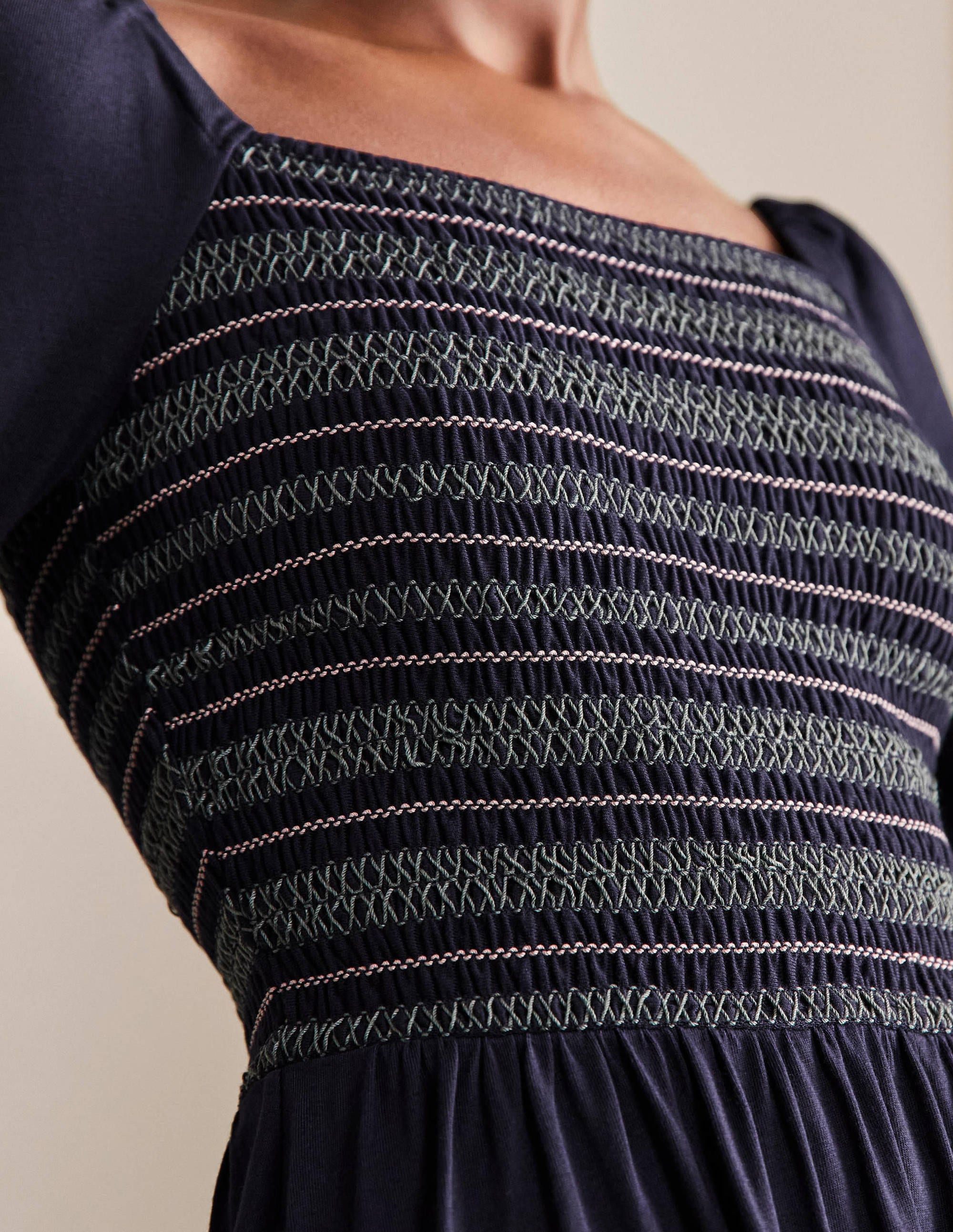 Smocked Jersey Midi Dress-Navy - Image 2