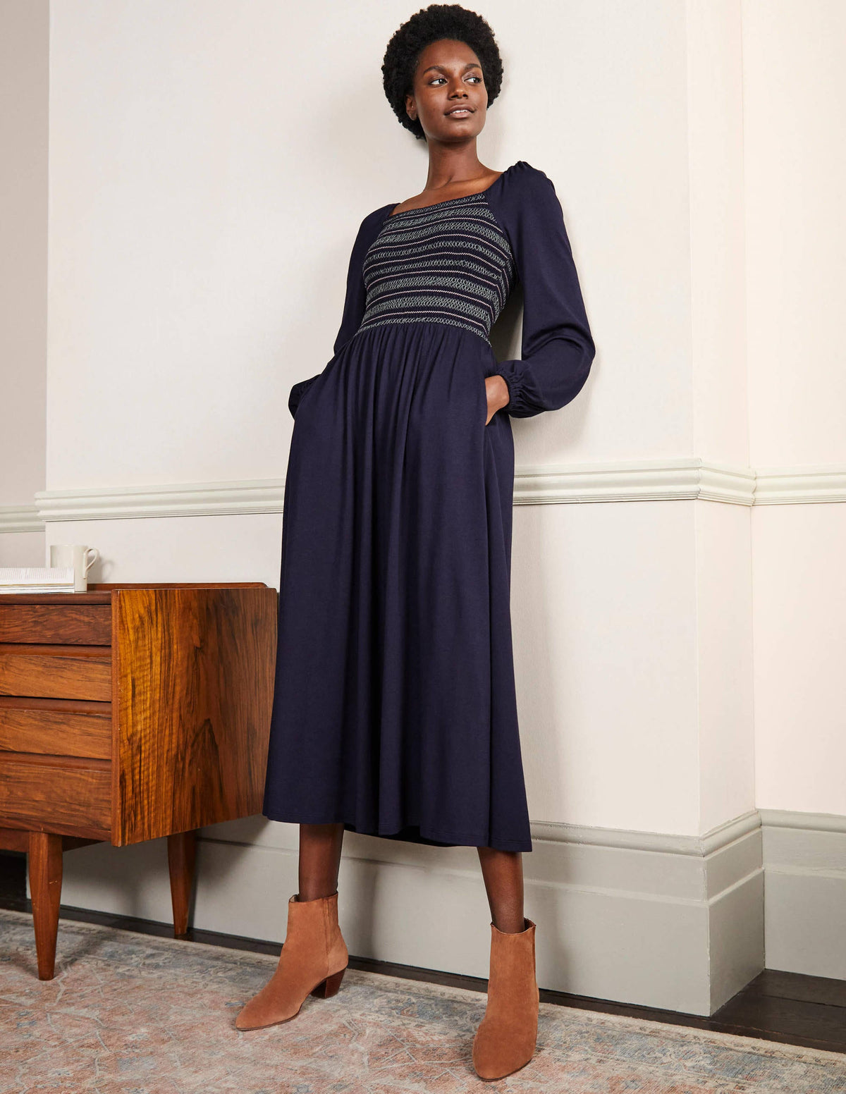 Smocked Jersey Midi Dress-Navy - Image 4