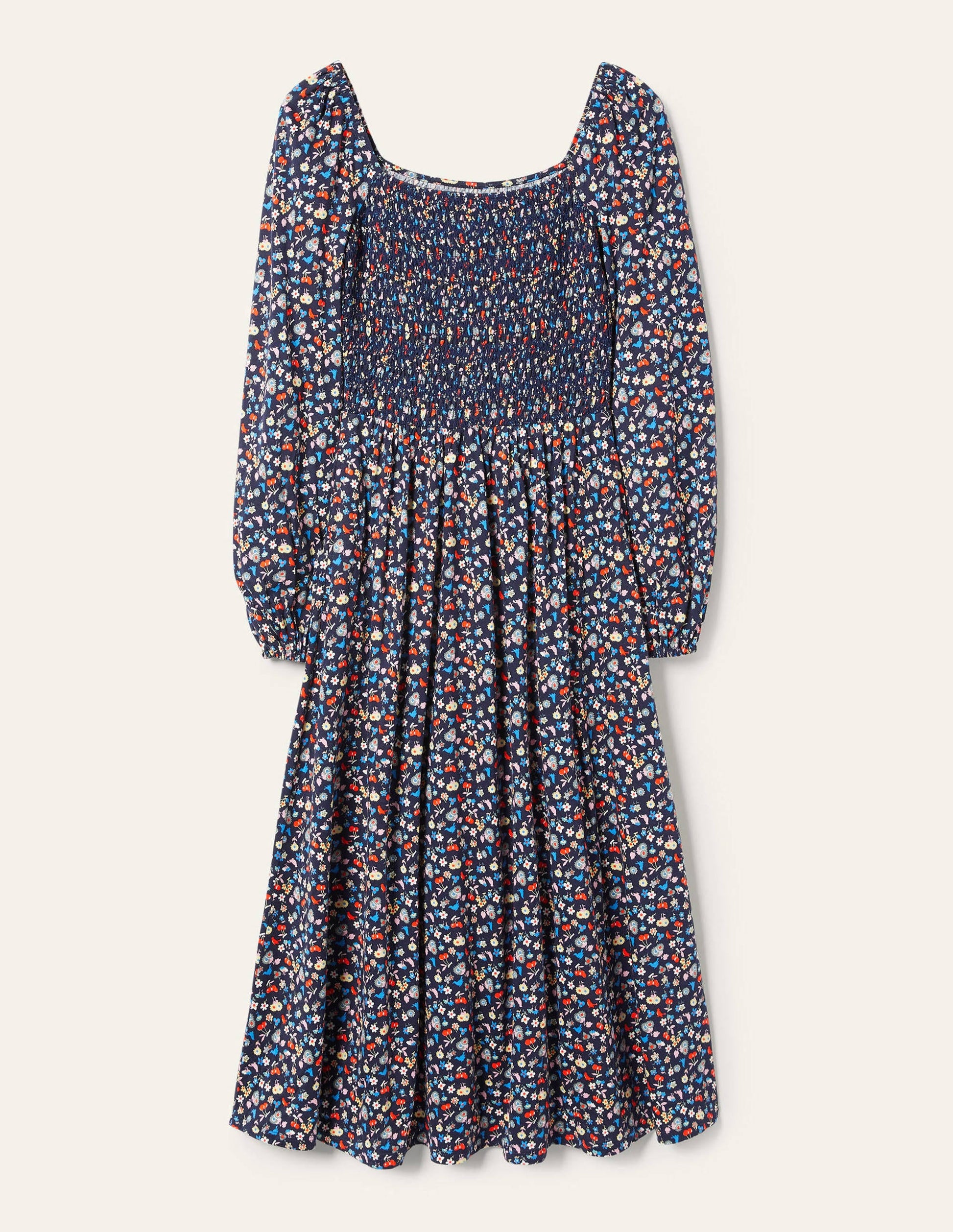 Smocked Jersey Midi Dress-Navy, Woodland Bud-5
