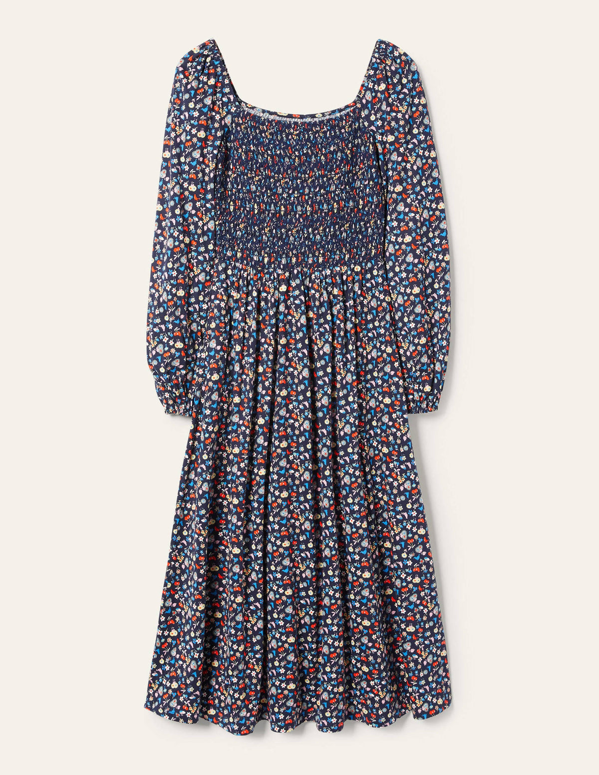 Smocked Jersey Midi Dress-Navy, Woodland Bud - Image 5