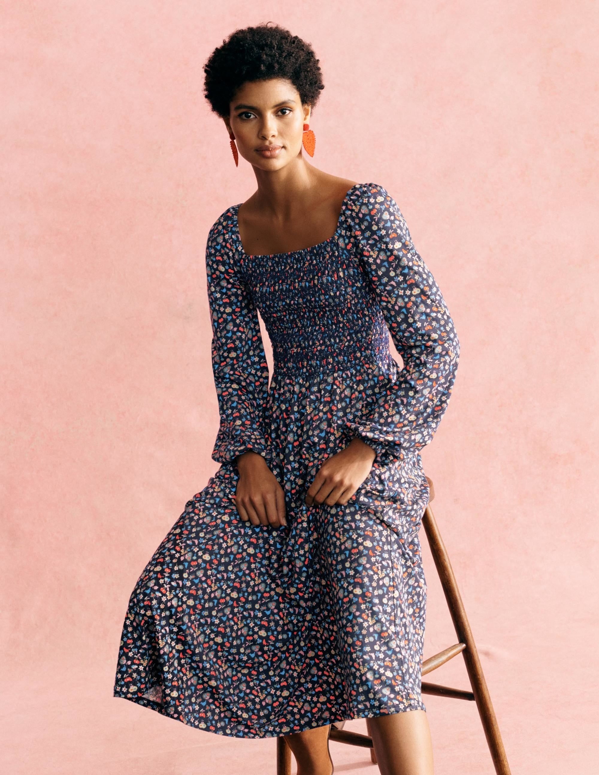 Smocked Jersey Midi Dress-Navy, Woodland Bud - Image 6
