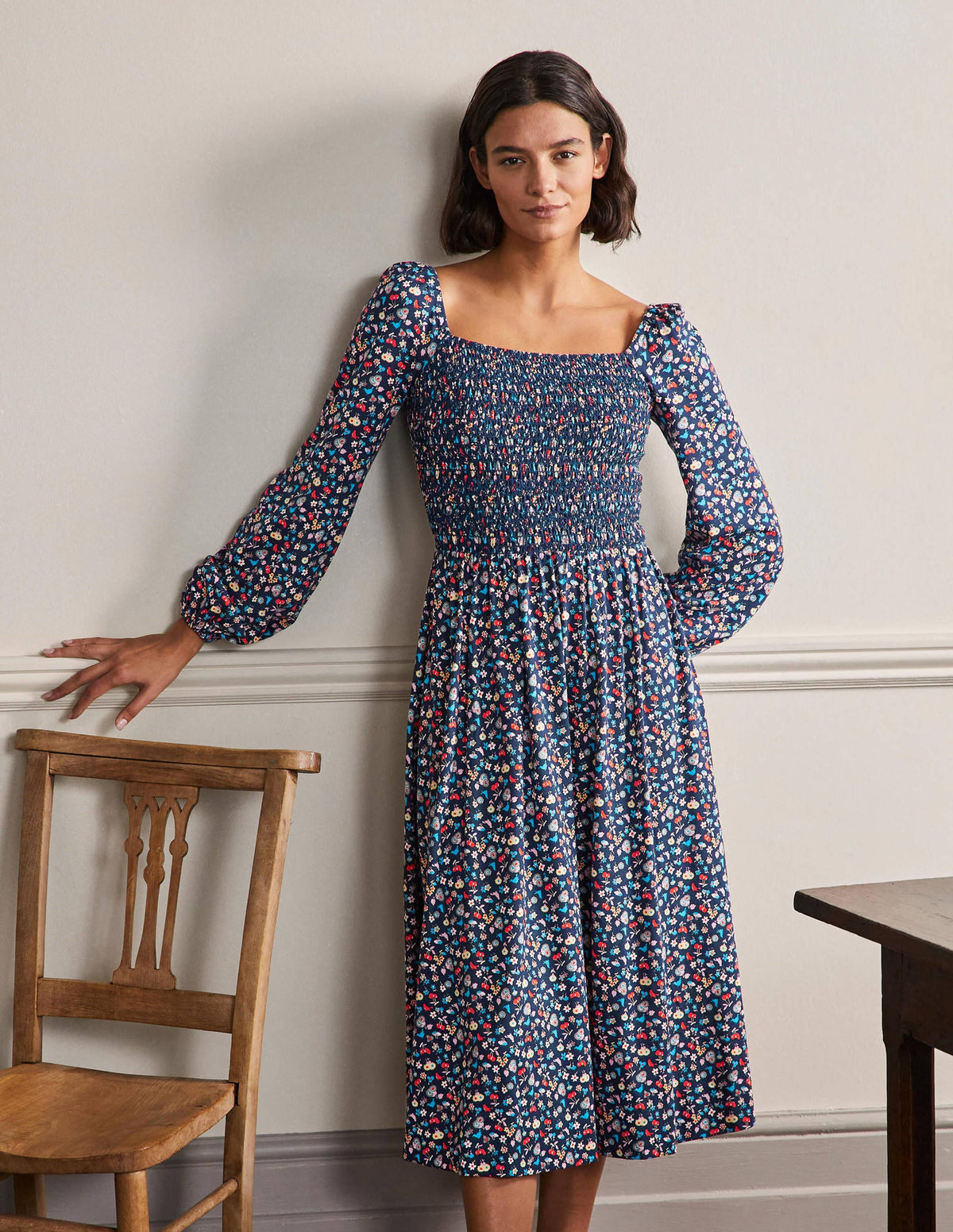 Smocked Jersey Midi Dress-Navy, Woodland Bud - Image 1