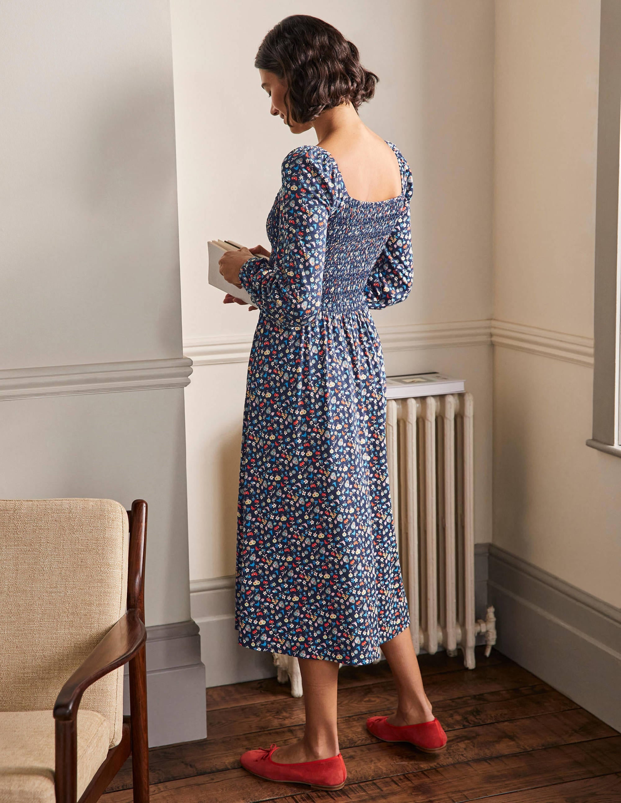 Smocked Jersey Midi Dress-Navy, Woodland Bud - Image 3