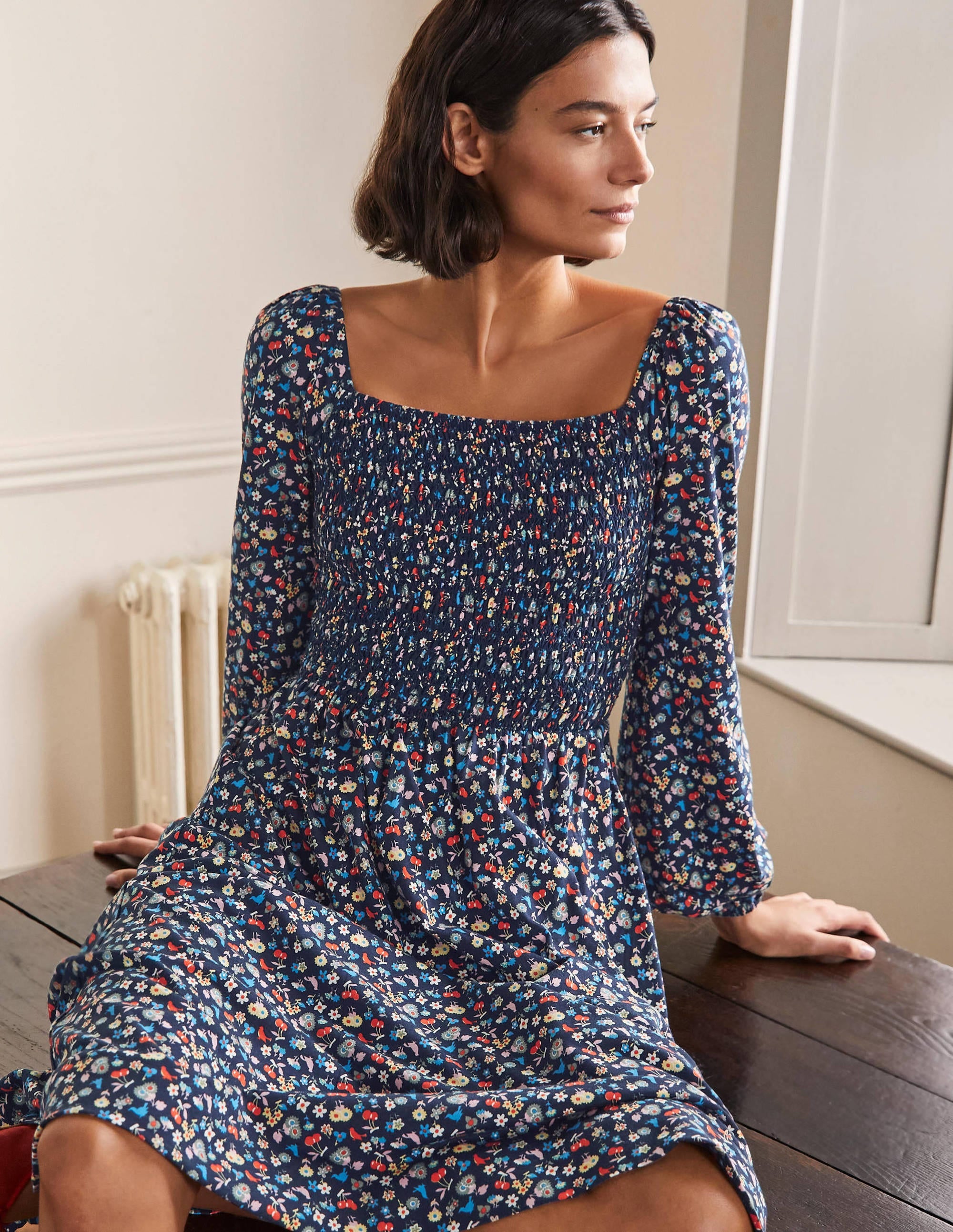 Smocked Jersey Midi Dress-Navy, Woodland Bud - Image 4