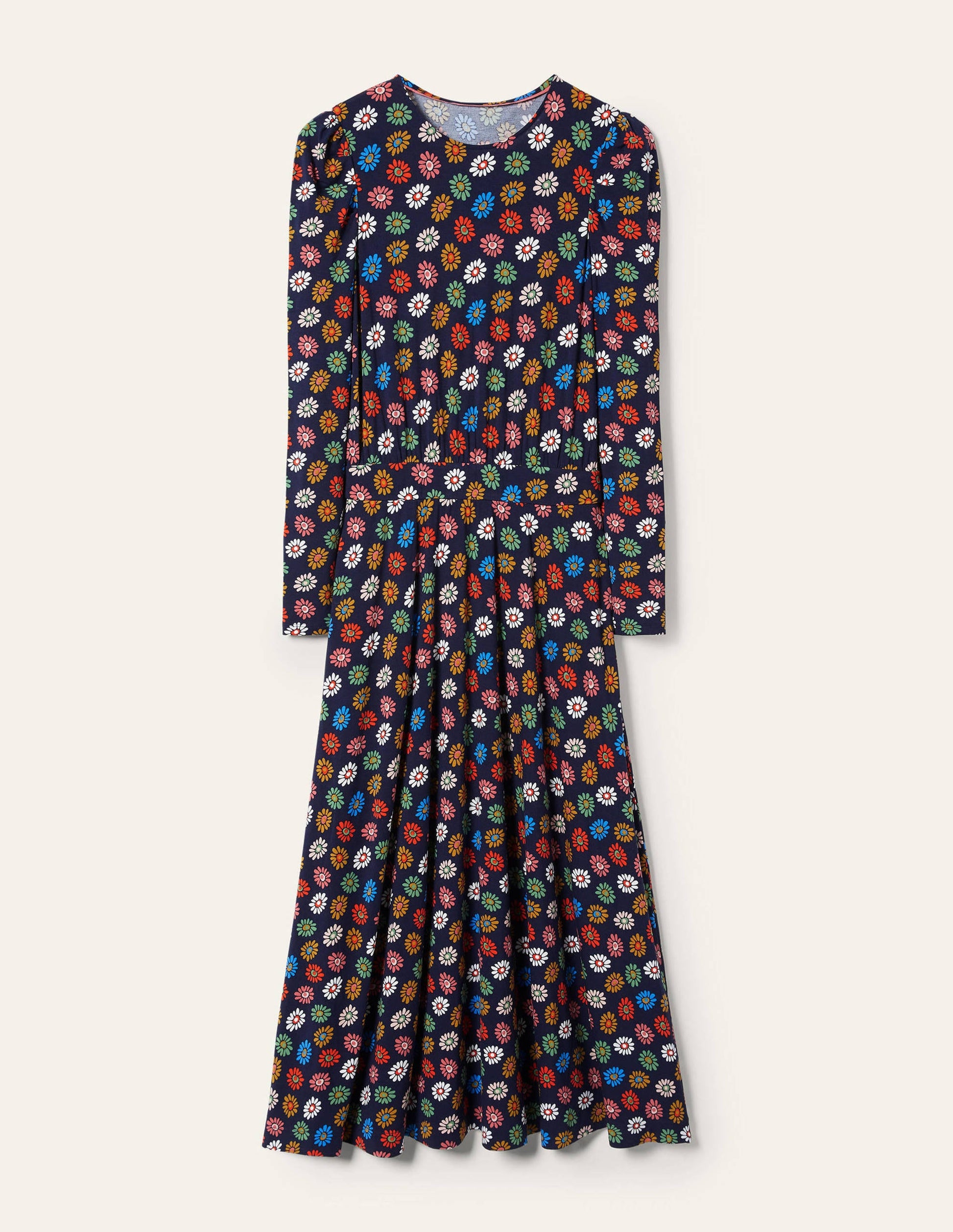 Puff Sleeve Jersey Midi Dress-French Navy, Rainbow Daisies-6