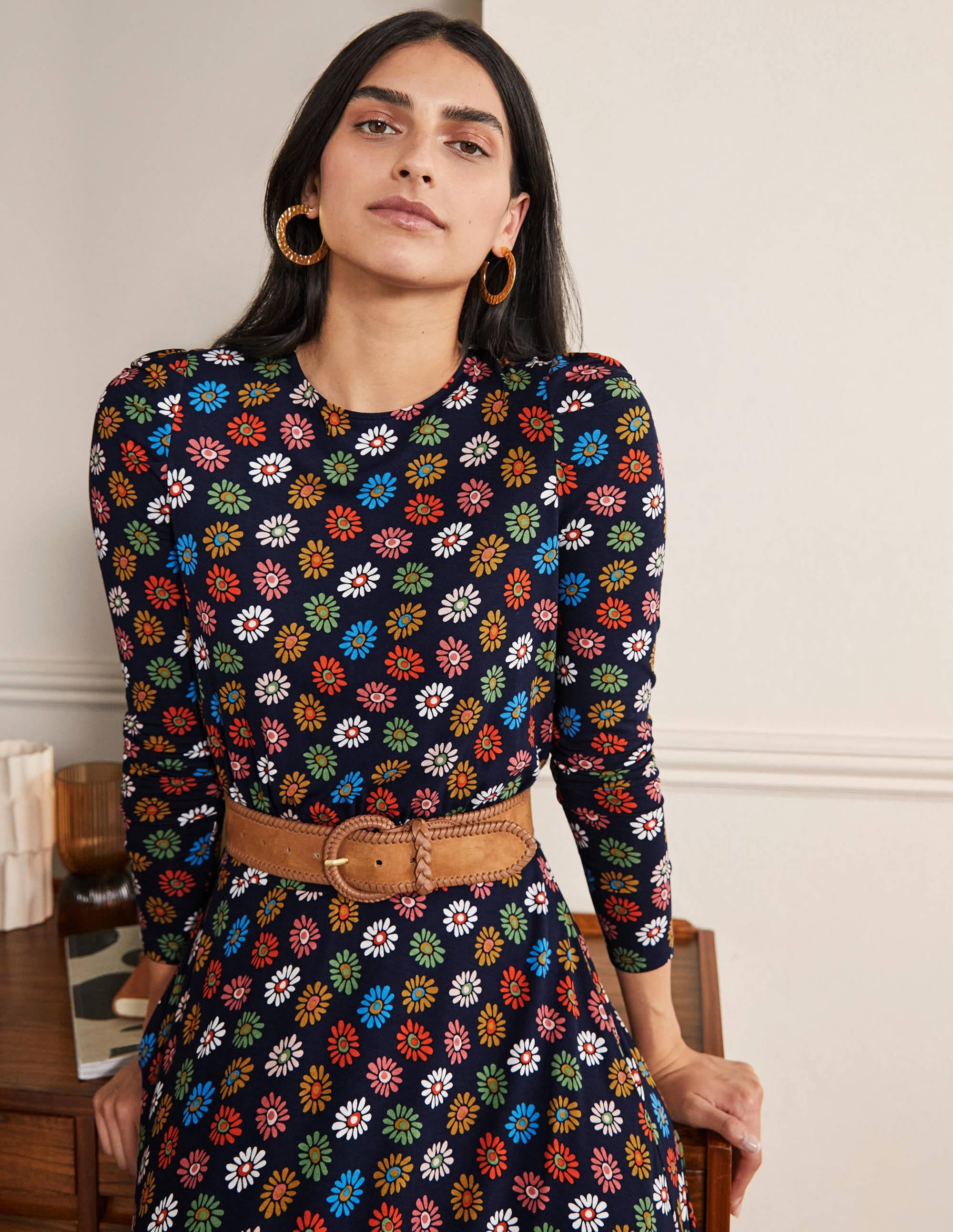 Puff Sleeve Jersey Midi Dress-French Navy, Rainbow Daisies - Image 1