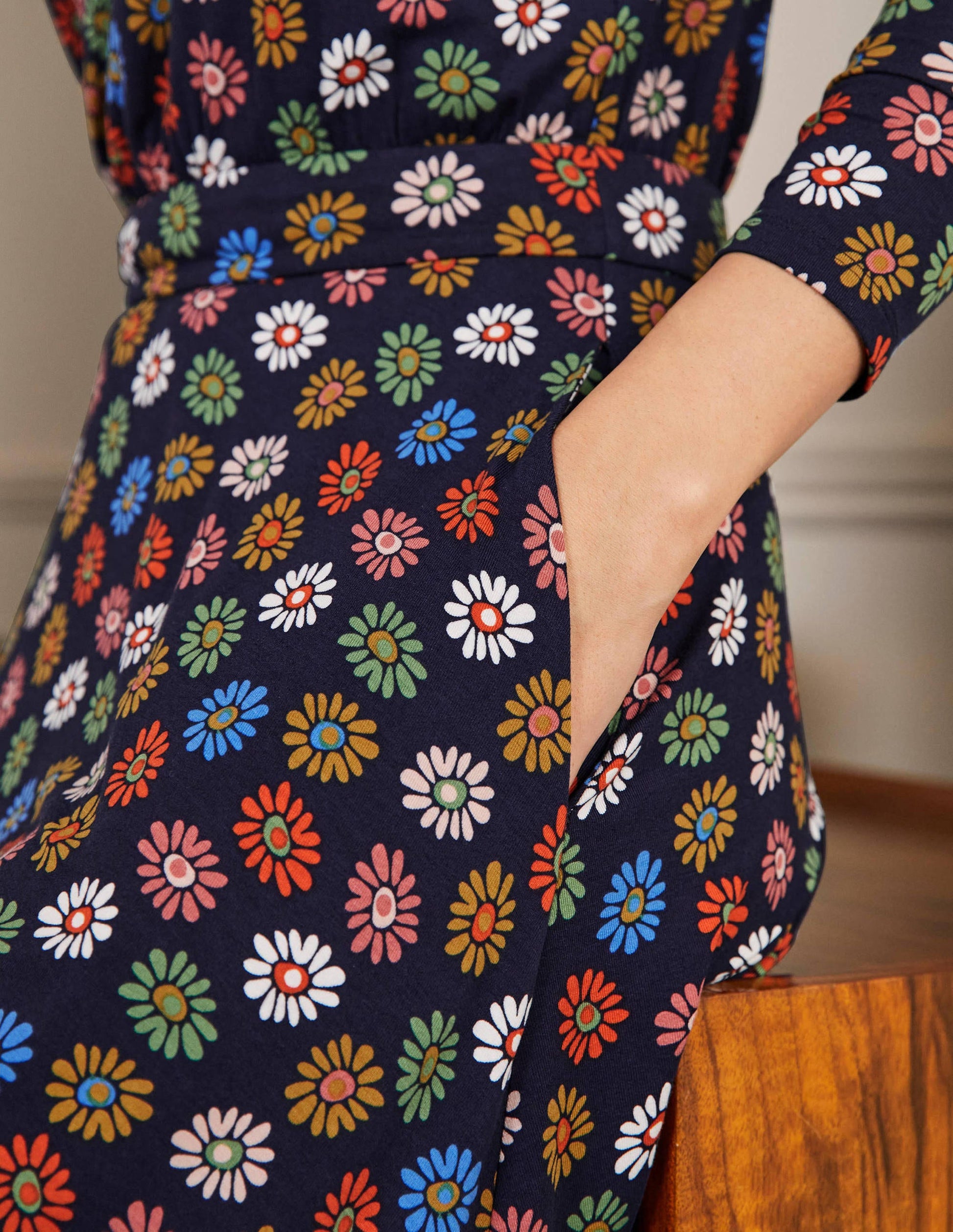 Puff Sleeve Jersey Midi Dress-French Navy, Rainbow Daisies-2