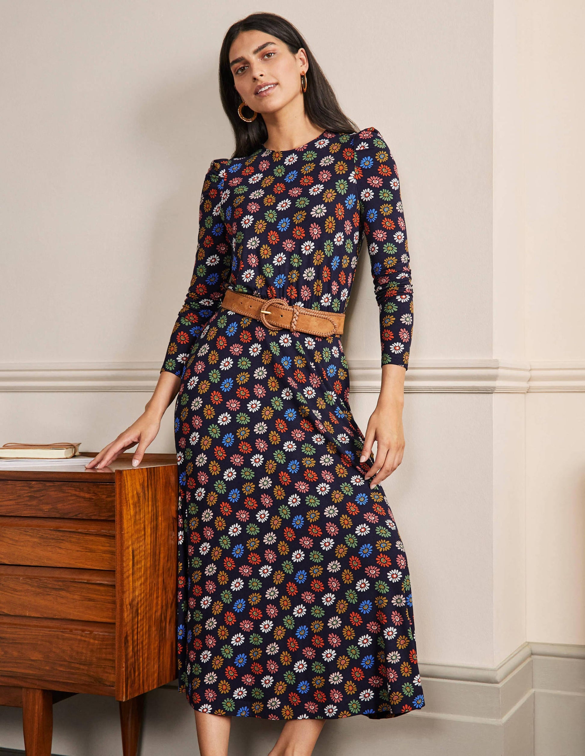 Puff Sleeve Jersey Midi Dress-French Navy, Rainbow Daisies-4
