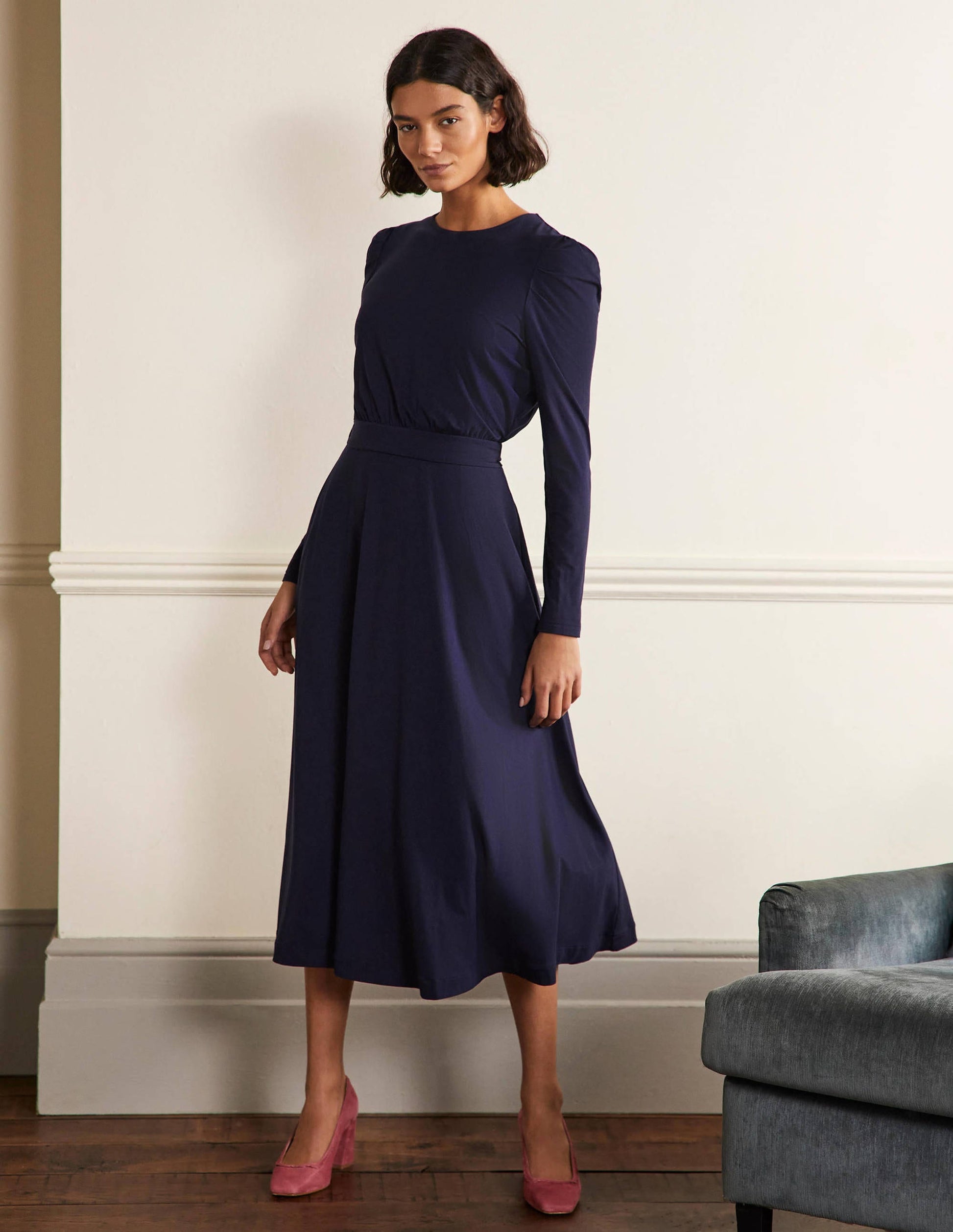 Puff Sleeve Jersey Midi Dress-Navy-1