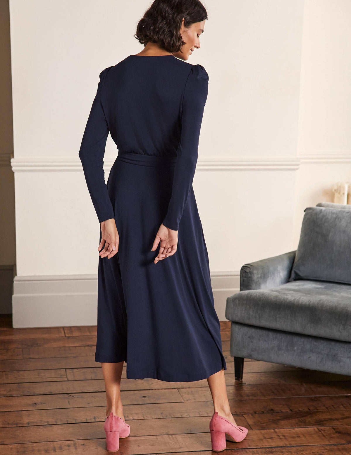 Puff Sleeve Jersey Midi Dress-Navy-3