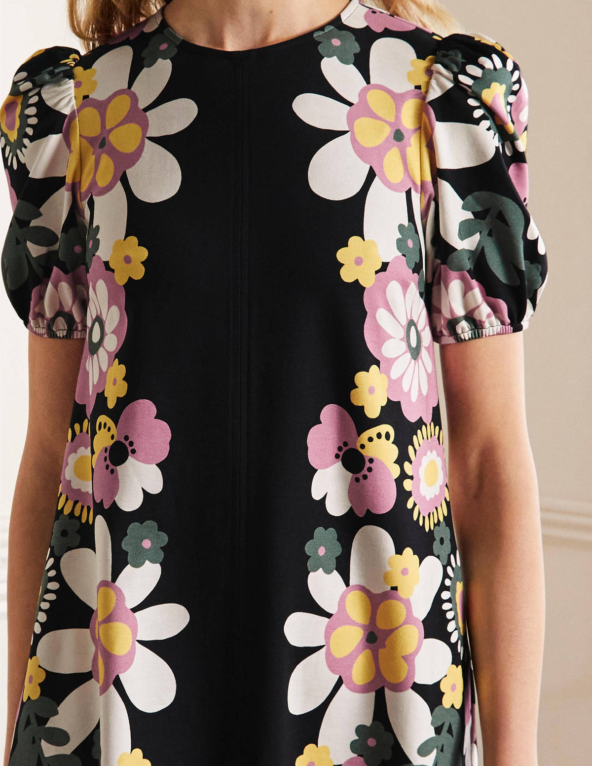 Seam Detail Jersey Shift Dress-Black Flora Bloom - Image 2