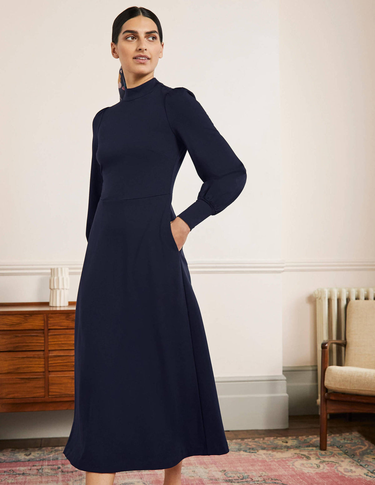 Cuffed Jersey Midi Dress-Navy - Image 1