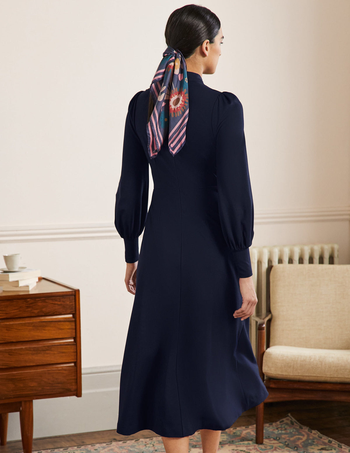Cuffed Jersey Midi Dress-Navy-3
