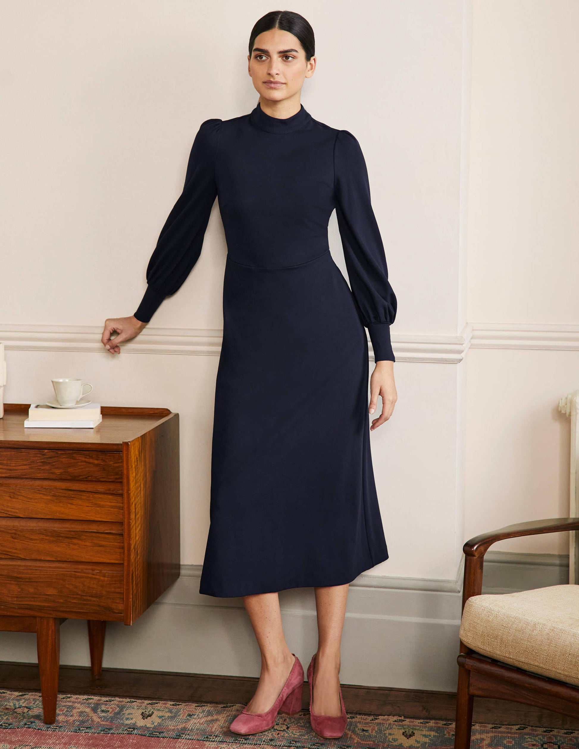 Cuffed Jersey Midi Dress-Navy-4