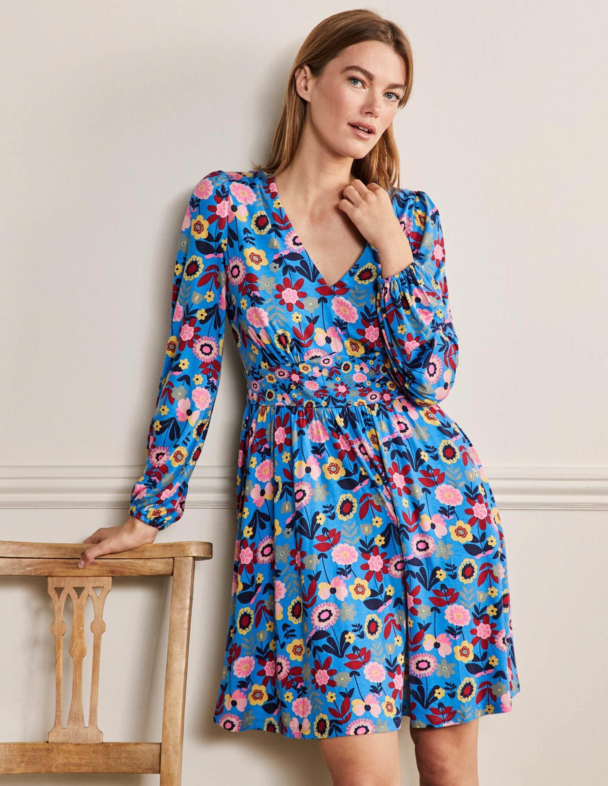Jersey Mini Tea Dress-Moroccan Blue, Flora Bloom-1
