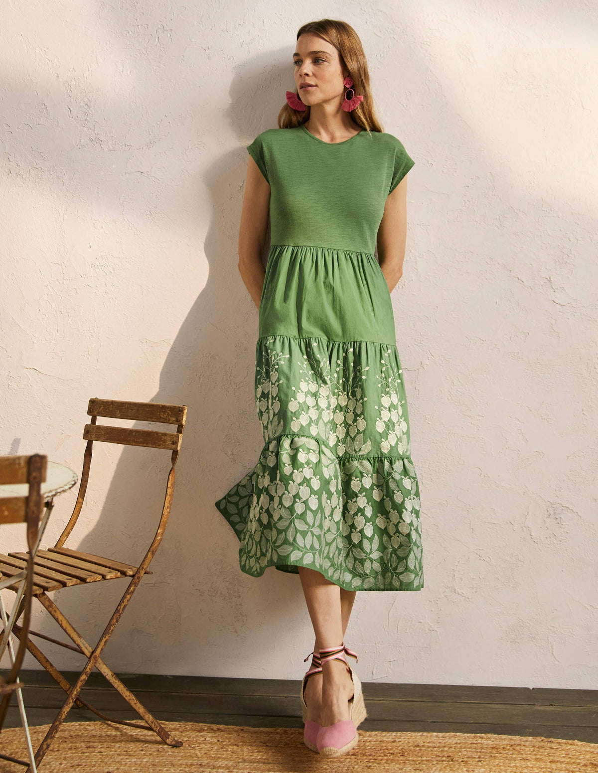 Embroidered Tiered Midi Dress-English Ivy Embroidery - Image 1