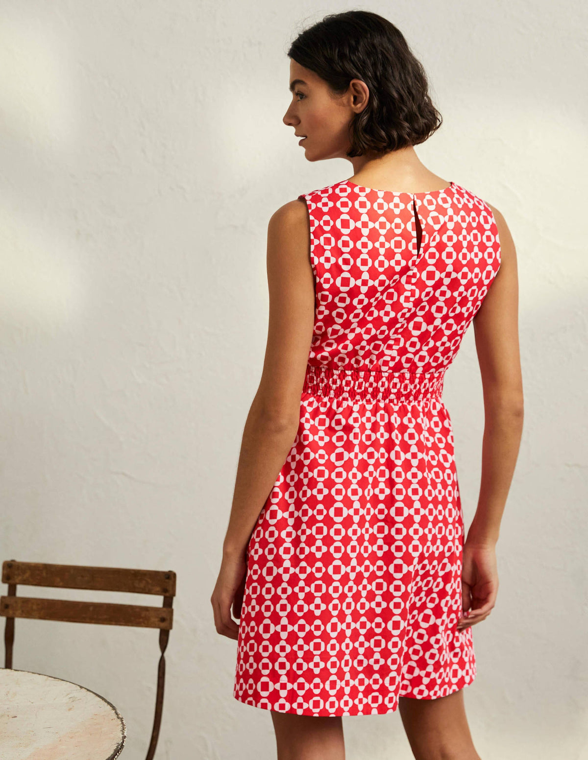 Smocked Waist Mini Dress-Bright Coral, Mosaic Square-3