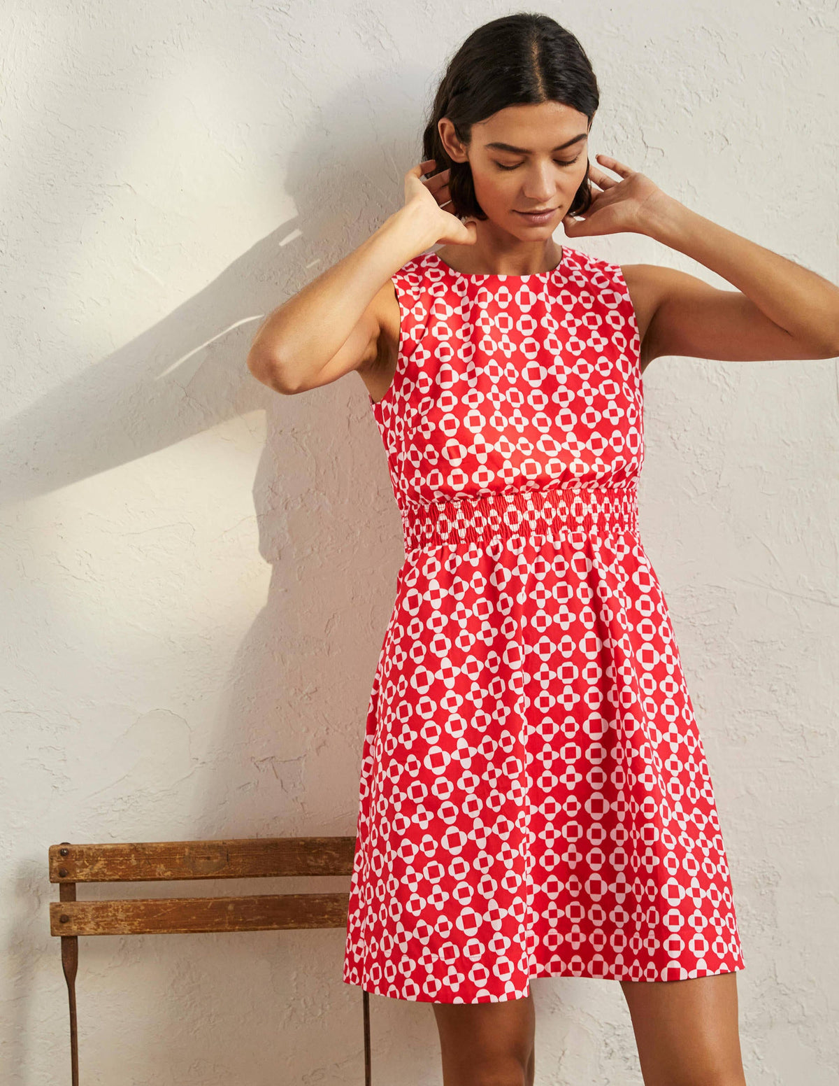 Smocked Waist Mini Dress-Bright Coral, Mosaic Square-4