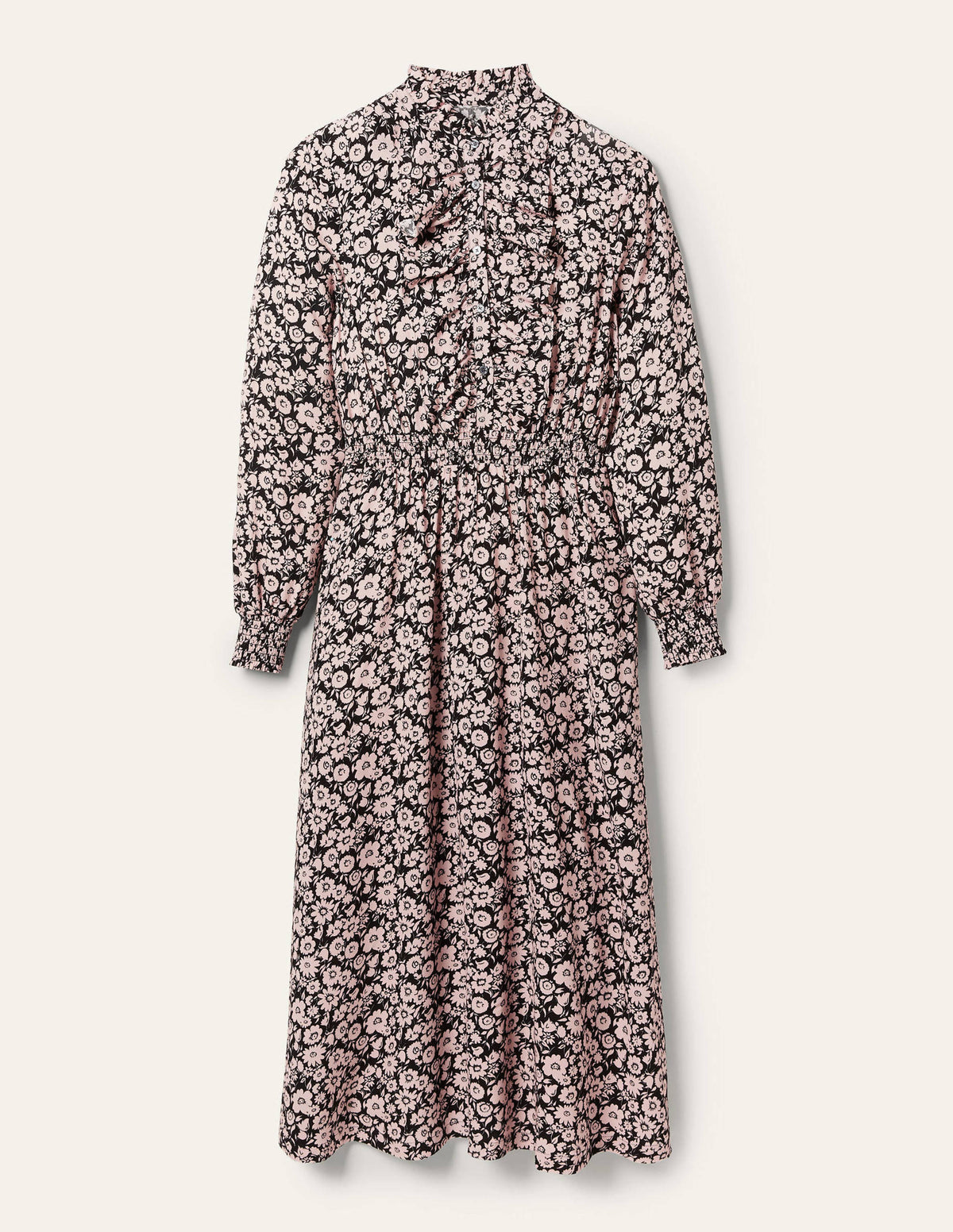 Ruffle Front Midi Dress-Black, Elegant Bloom-6