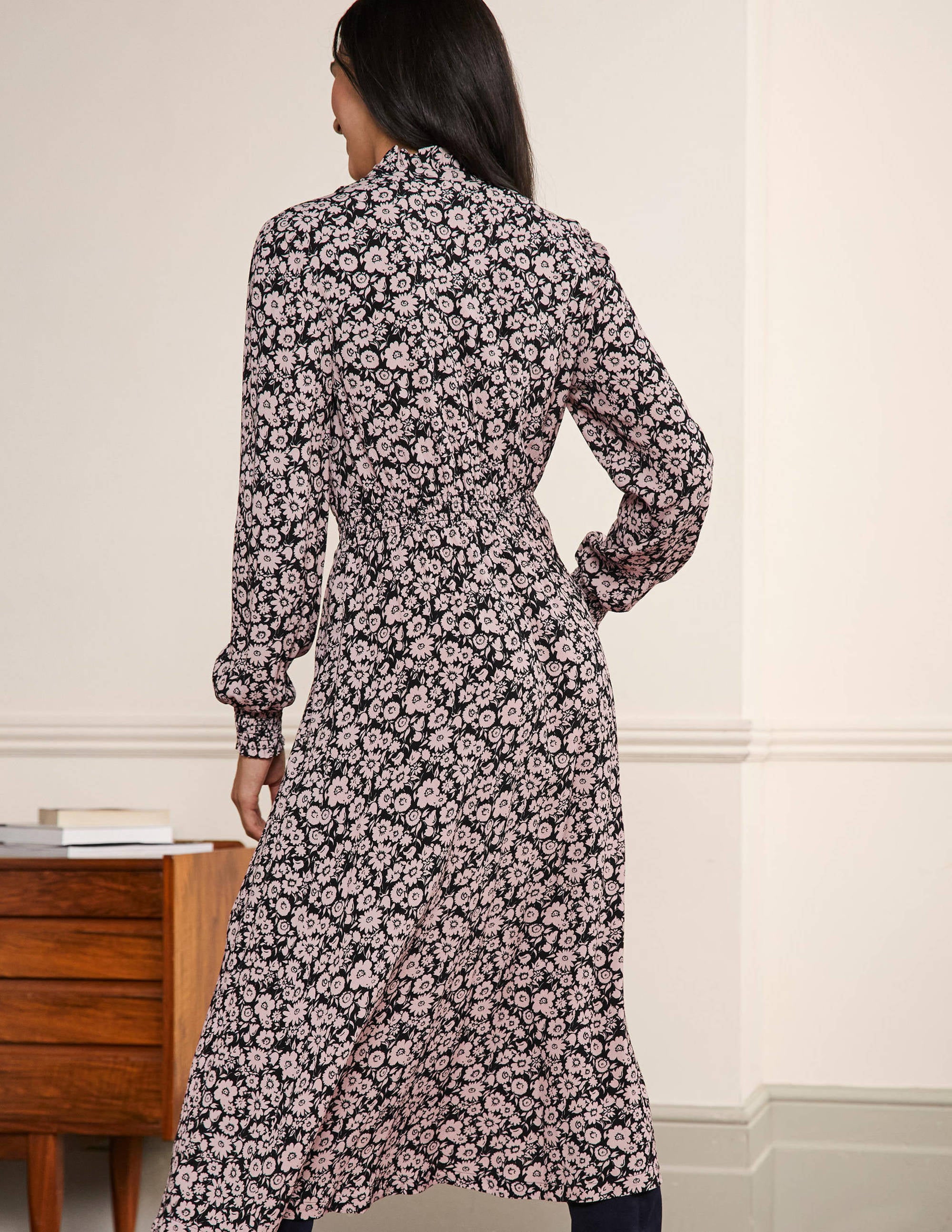 Ruffle Front Midi Dress-Black, Elegant Bloom - Image 3