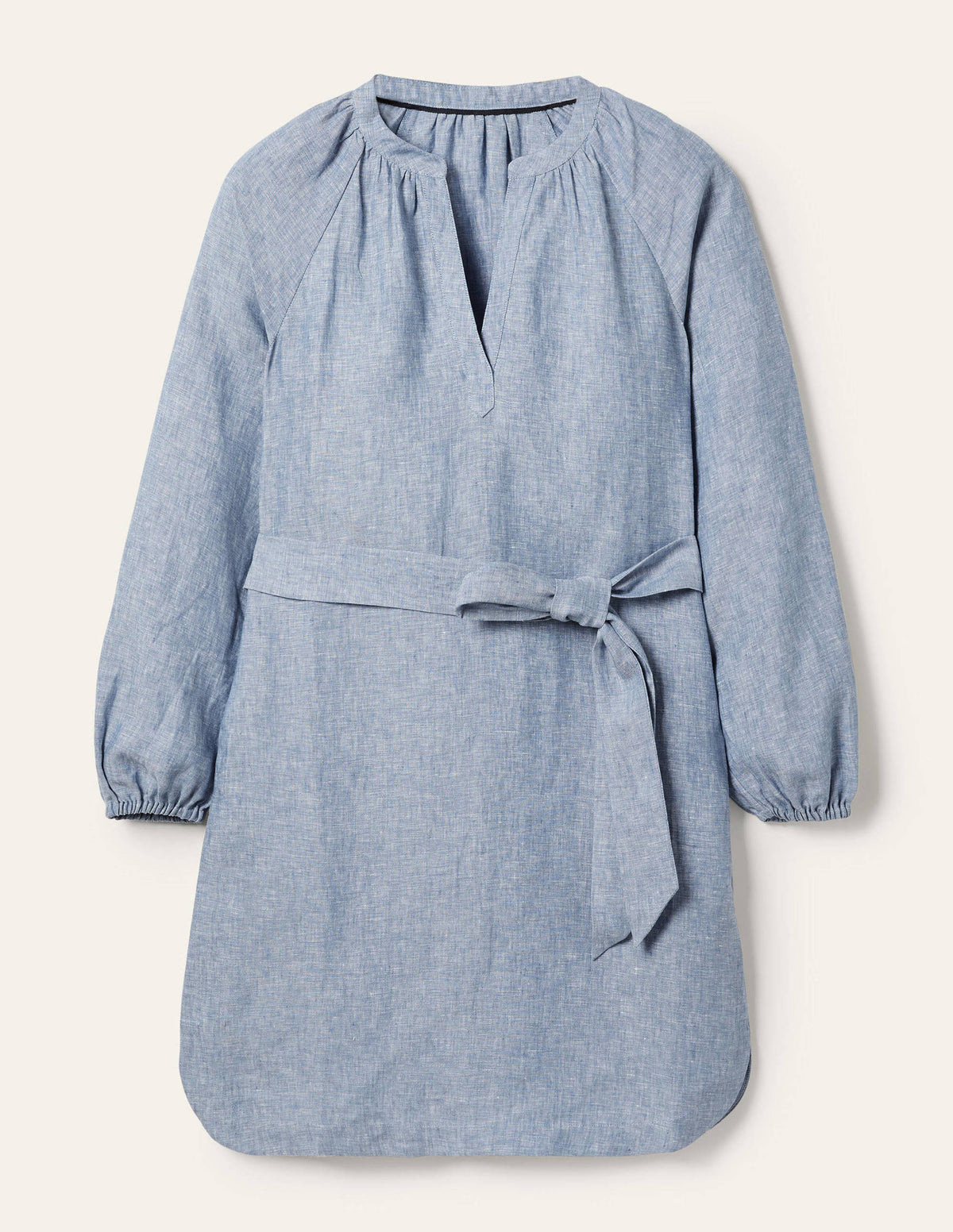 Notch Neck Linen Mini Dress-Chambray-5