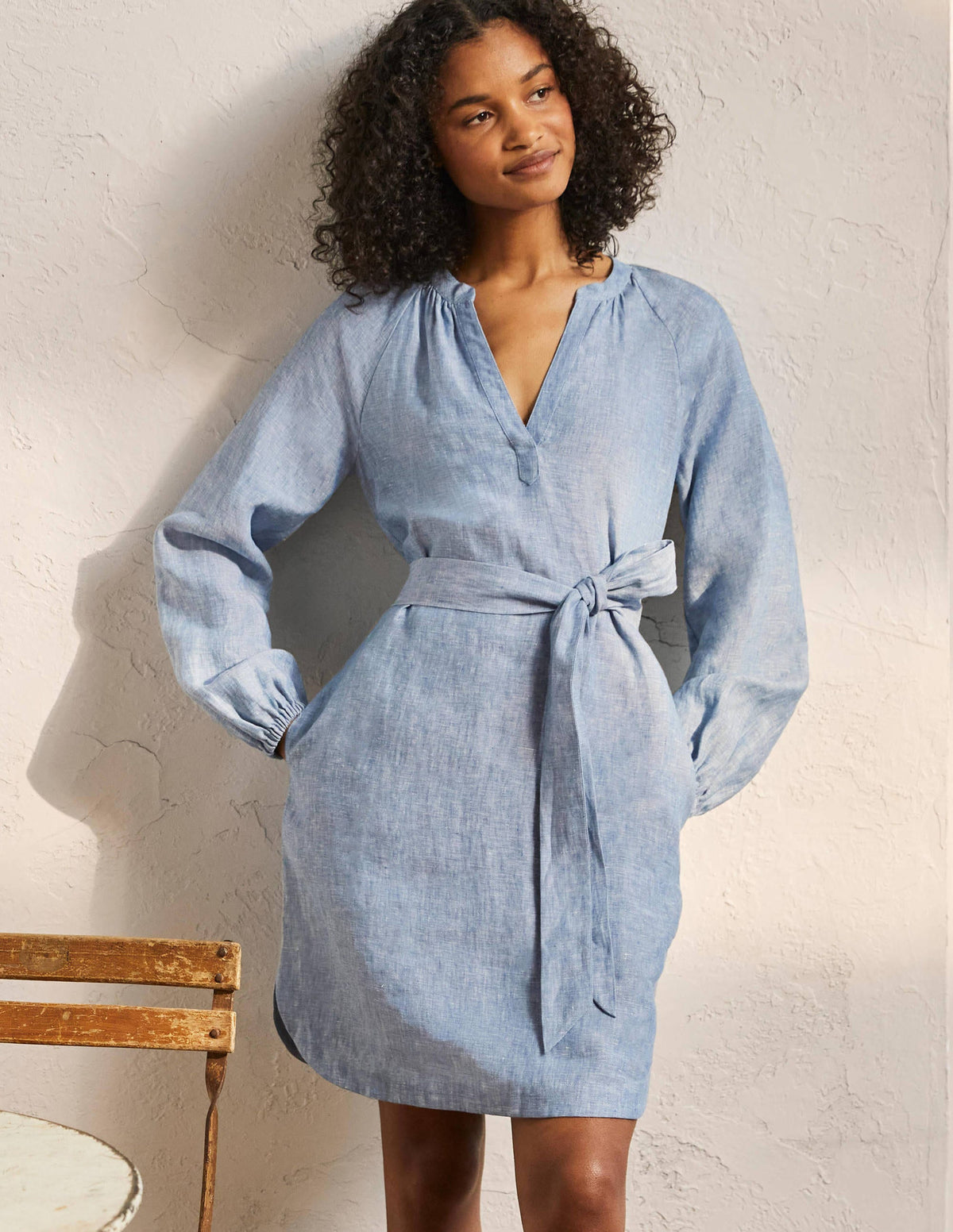 Notch Neck Linen Mini Dress-Chambray - Image 1