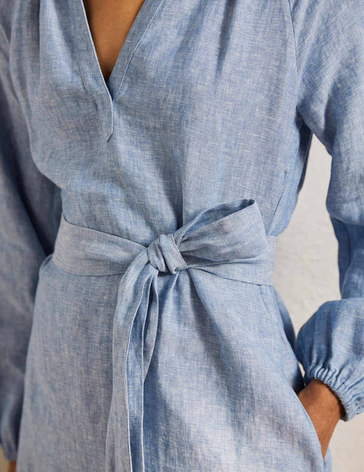 Notch Neck Linen Mini Dress-Chambray - Image 2