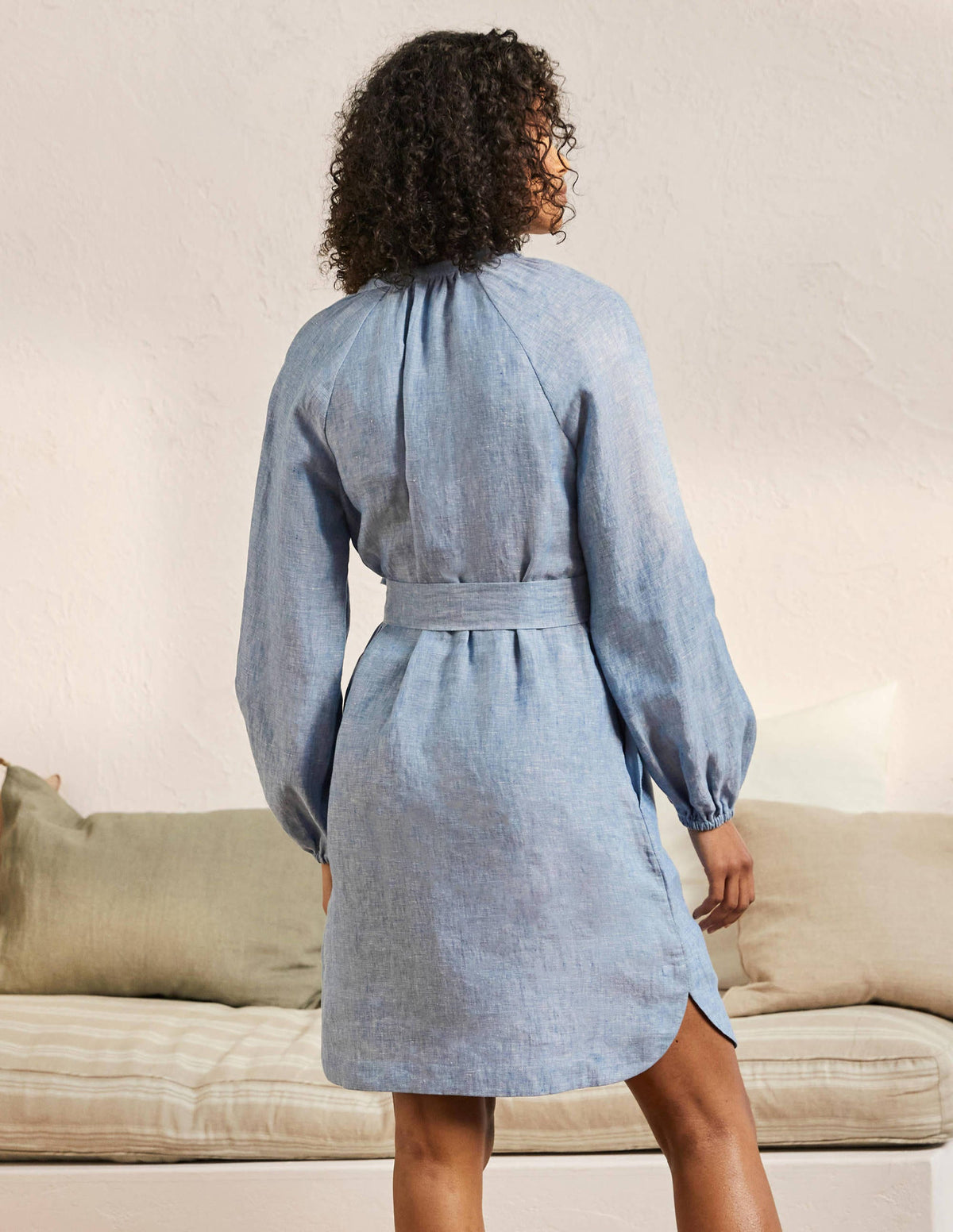 Notch Neck Linen Mini Dress-Chambray - Image 3