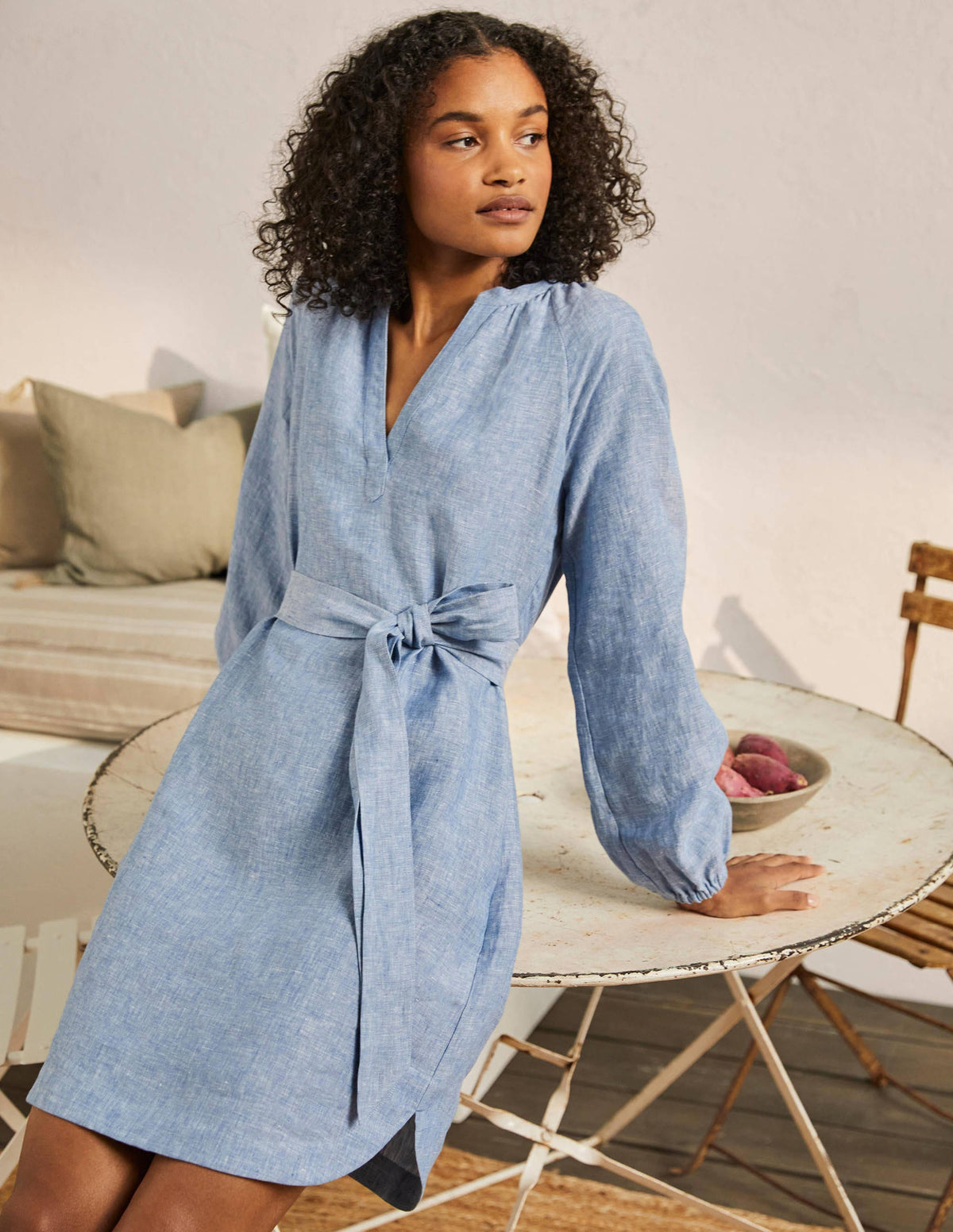 Notch Neck Linen Mini Dress-Chambray - Image 4