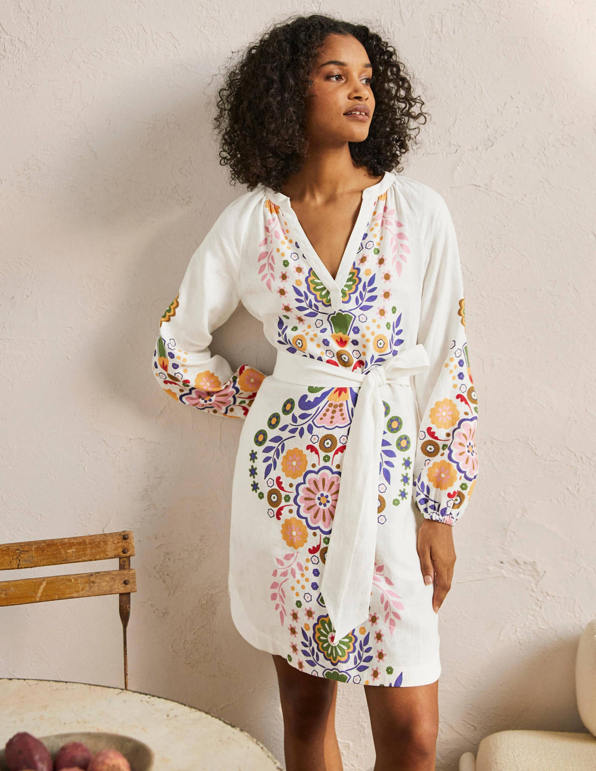 Notch Neck Linen Mini Dress-Ivory, Opulent Garden Dress-1