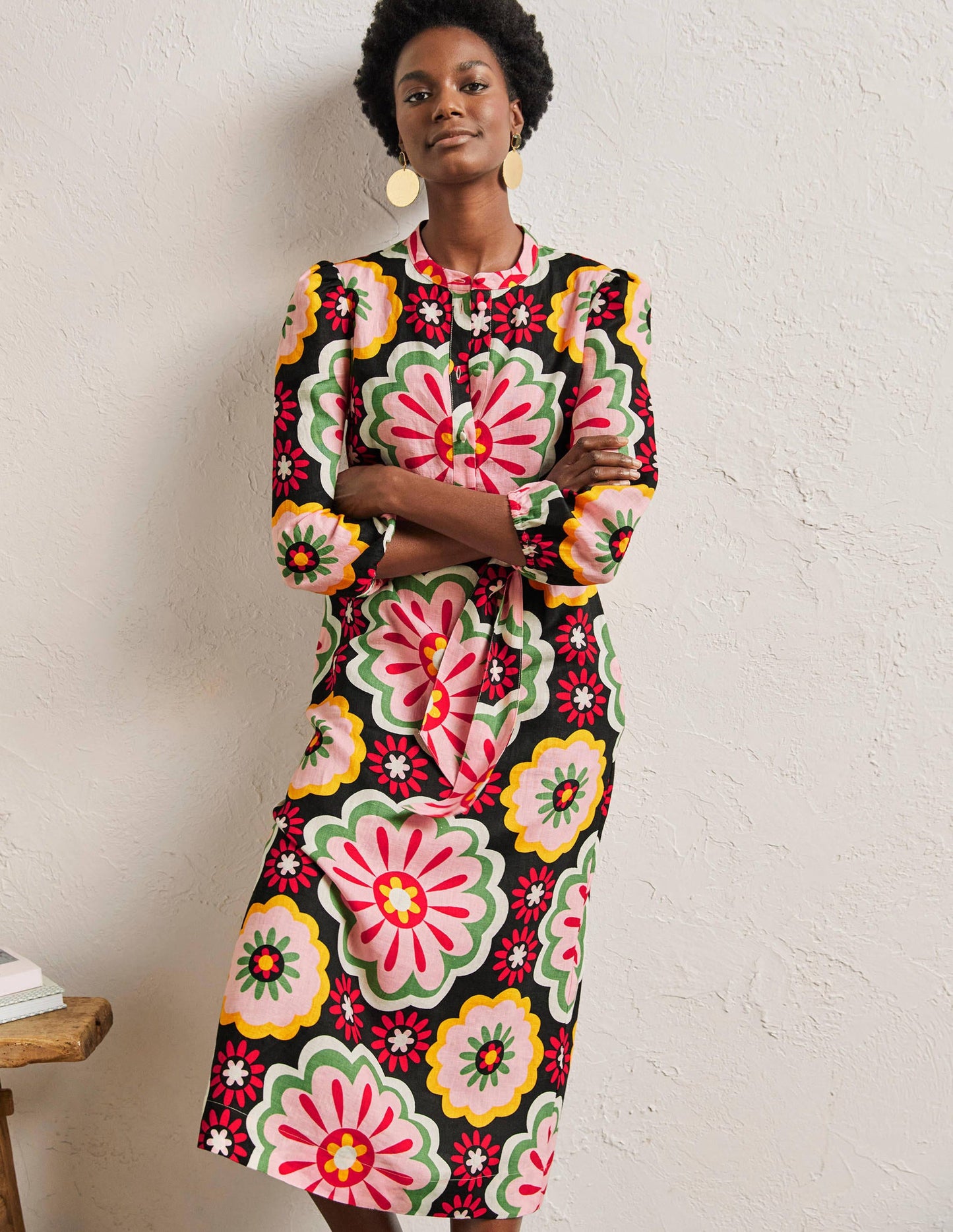 Linen Midi Shirt Dress-Black, Opulent Daisy