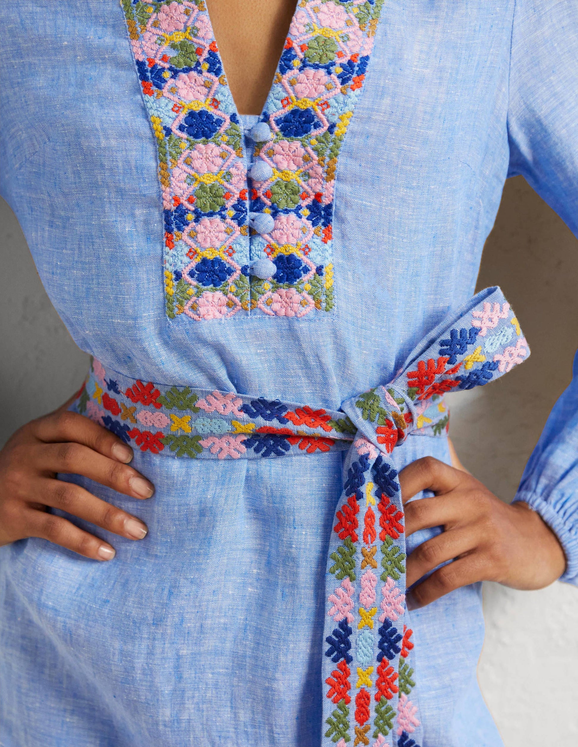 Embroidered Midi Kaftan-Chambray-2