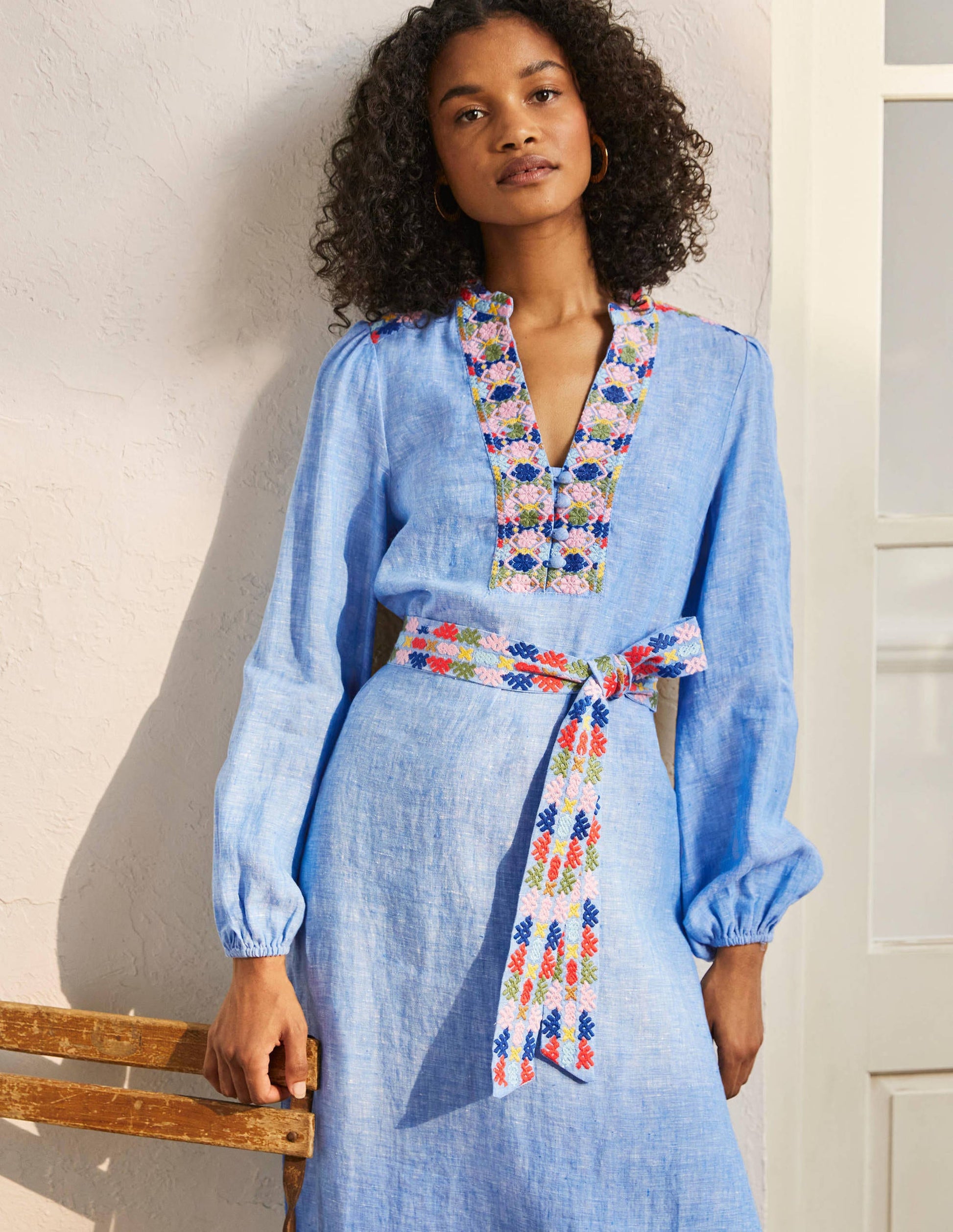 Embroidered Midi Kaftan-Chambray-4