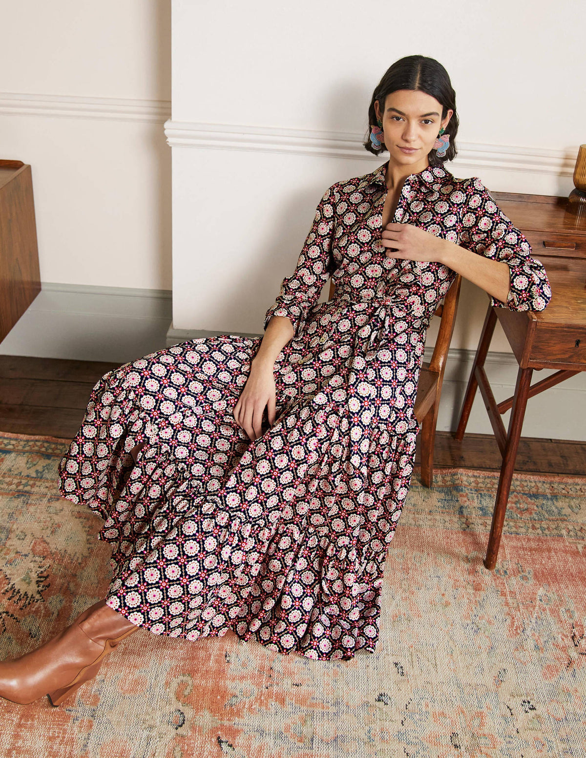 Button Through Maxi Dress-Navy Geo - Image 1