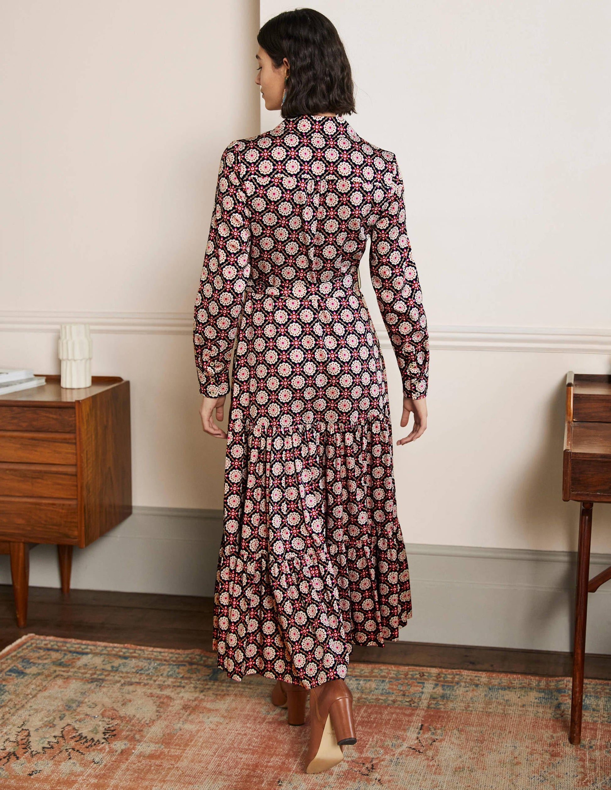 Button Through Maxi Dress-Navy Geo-3