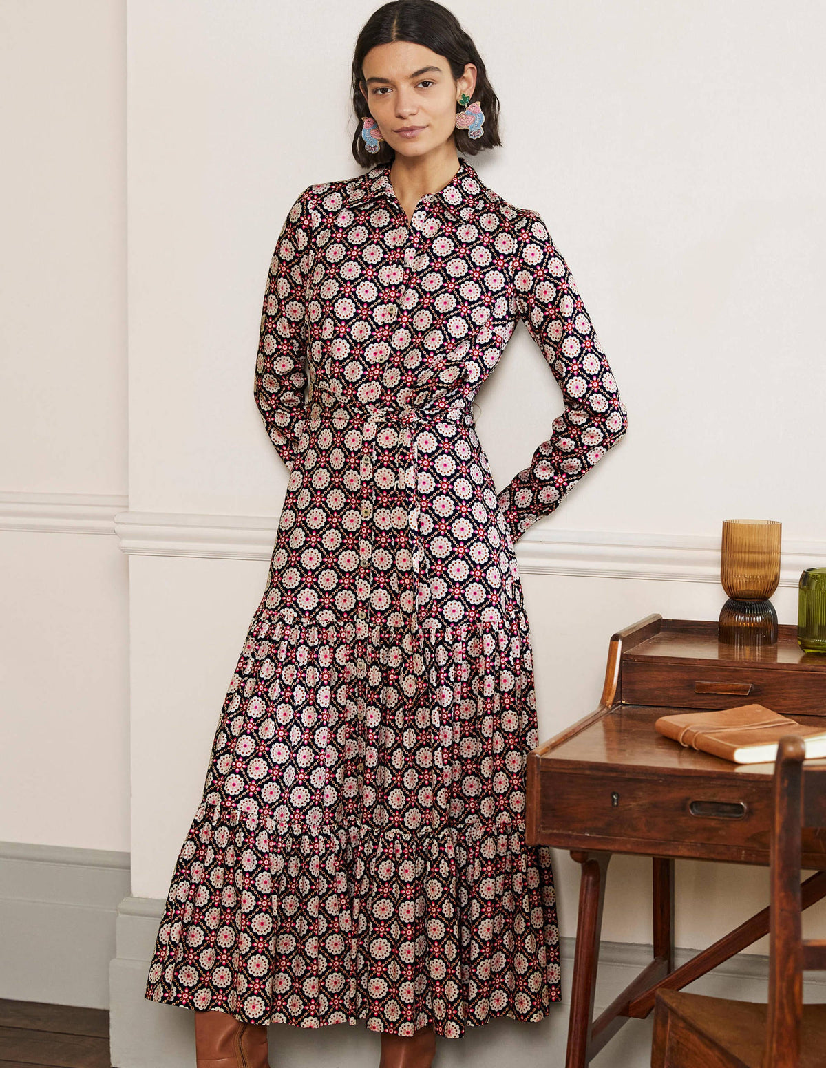 Button Through Maxi Dress-Navy Geo-4