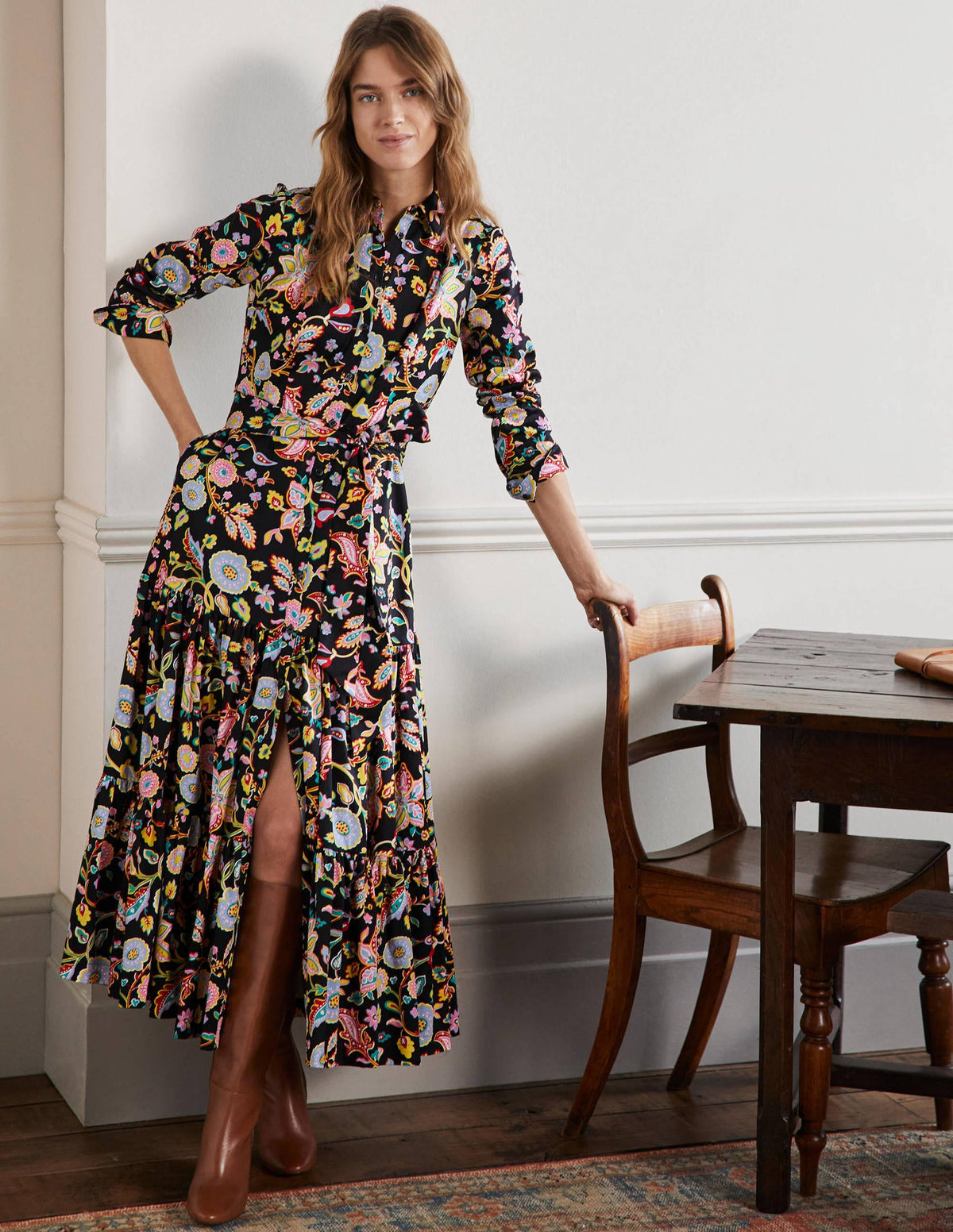 Button Through Maxi Dress-Black, Opulent Paradise-1