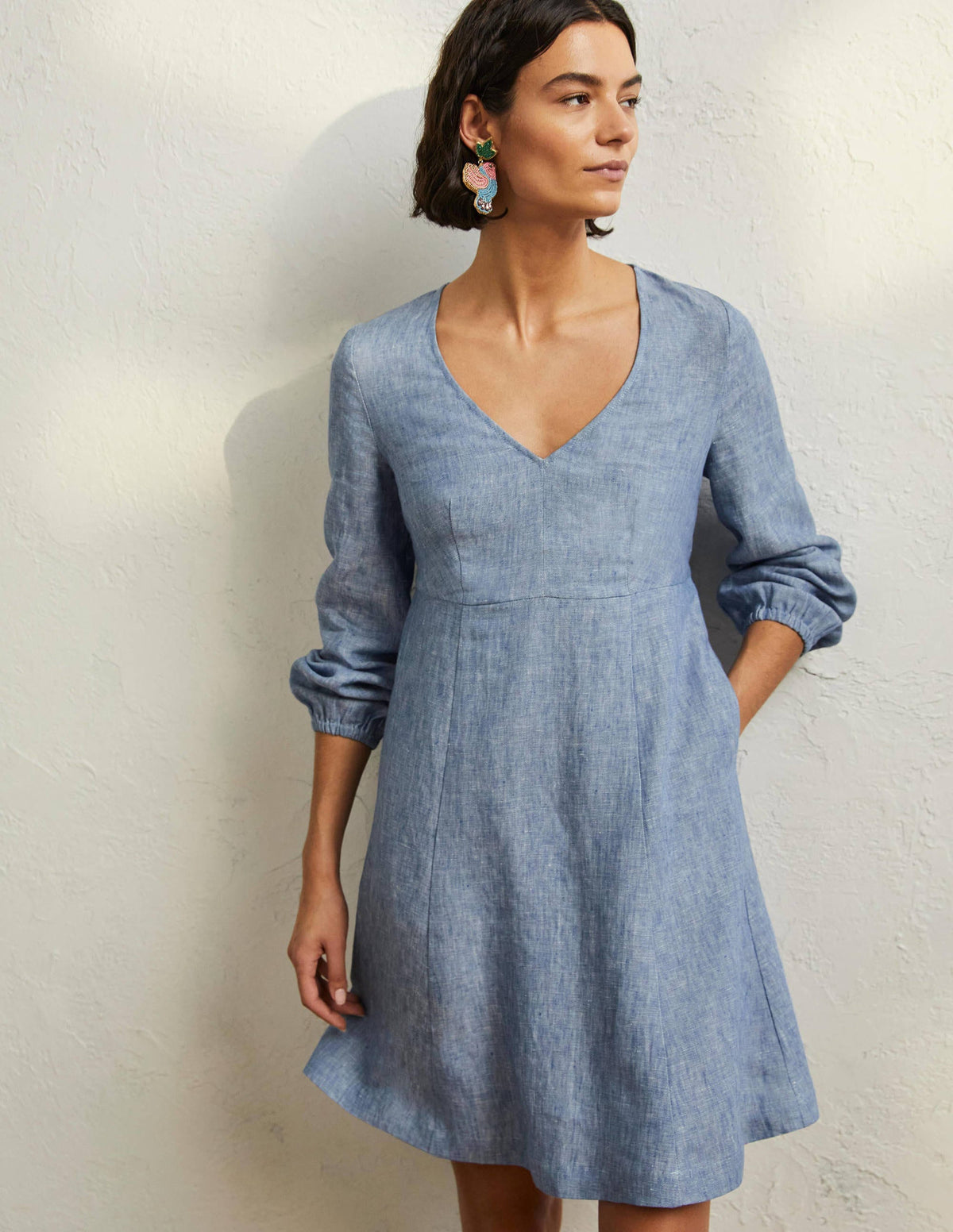 V-Neck Flippy Mini Dress-Chambray - Image 1