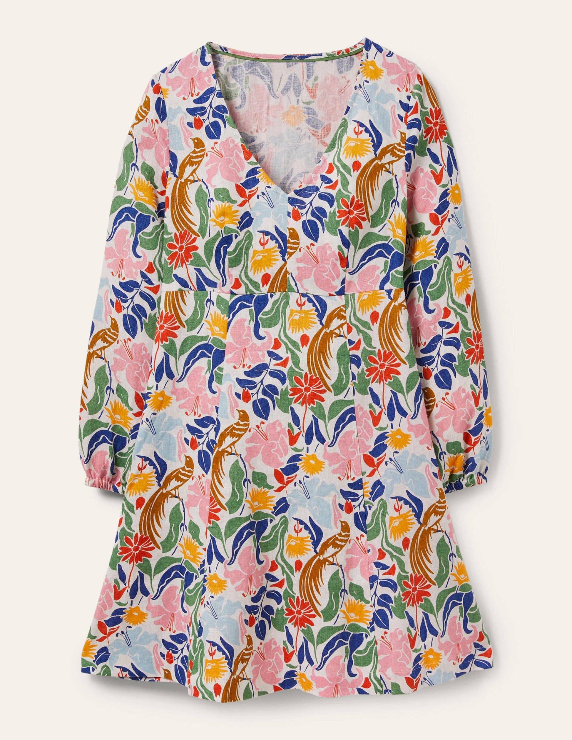 V-Neck Flippy Mini Dress-Ivory, Oriental Bird-5