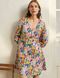 V-Neck Flippy Mini Dress-Ivory, Oriental Bird