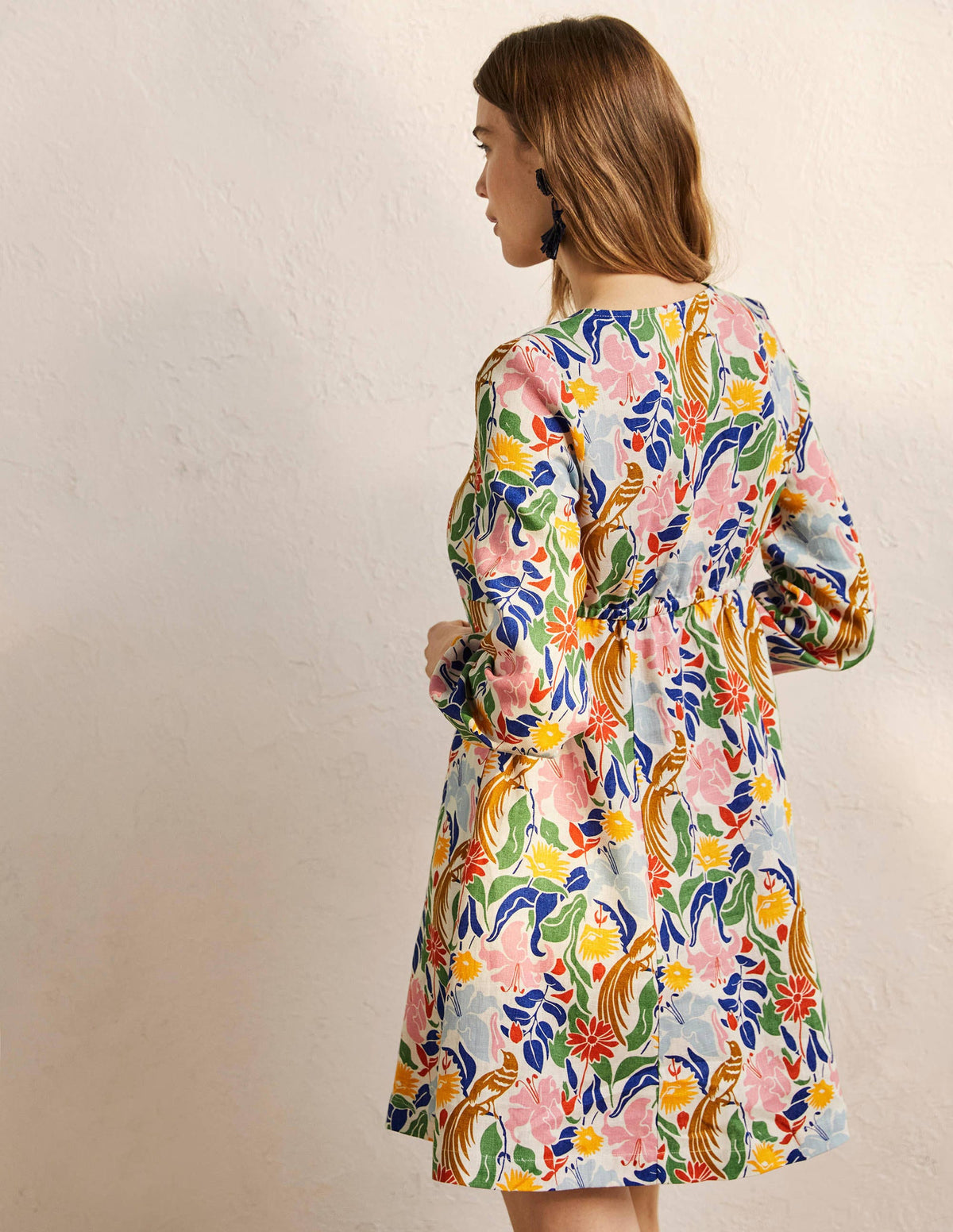 V-Neck Flippy Mini Dress-Ivory, Oriental Bird - Image 3