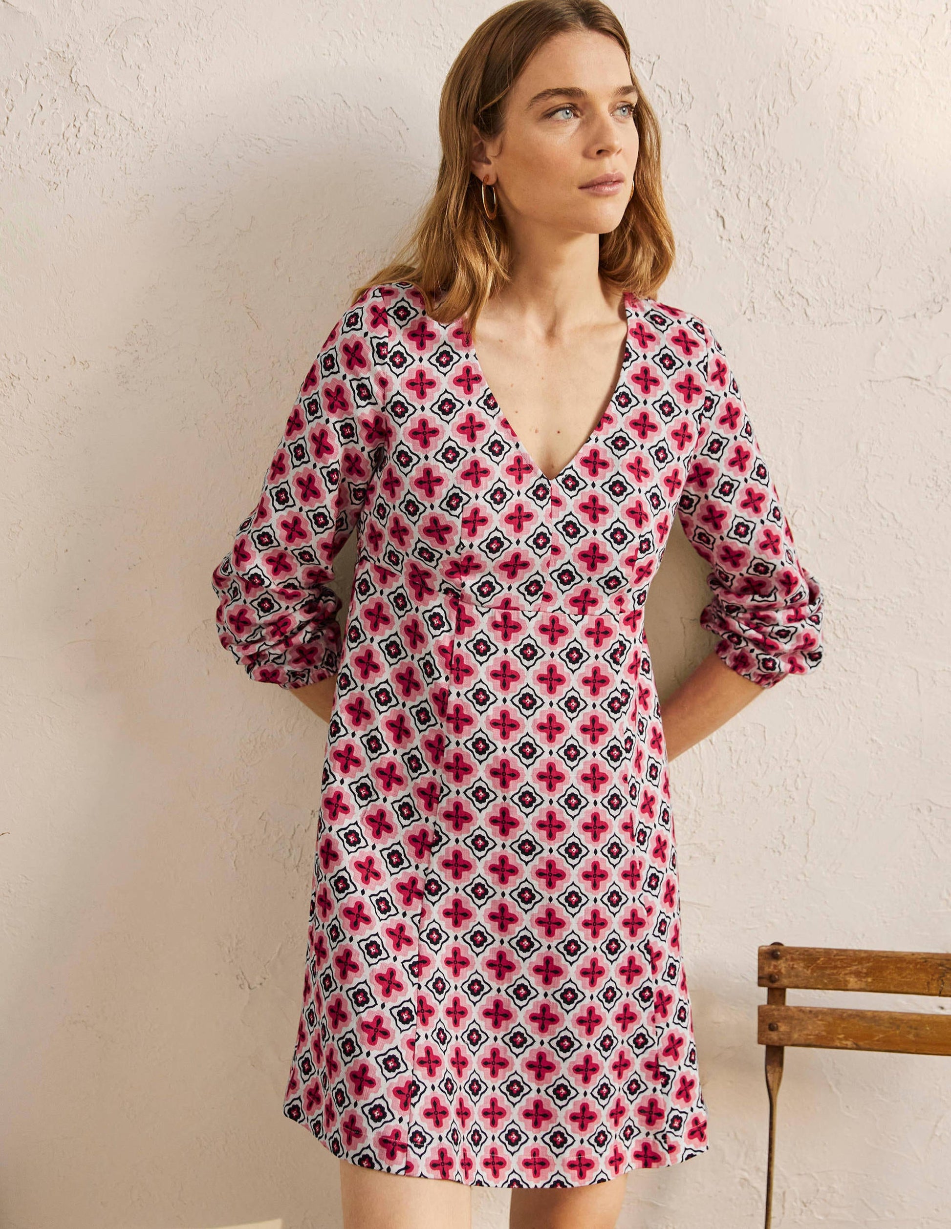 V-Neck Flippy Mini Dress-Formica Pink, Moroccan Diamond-1
