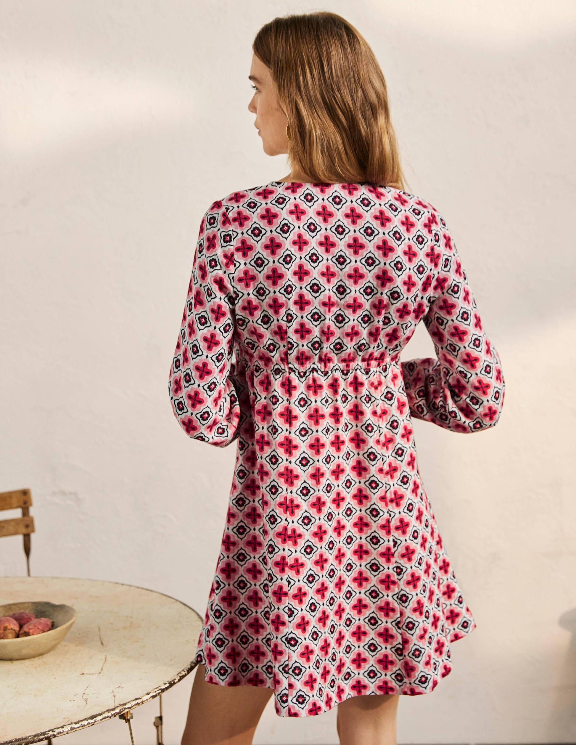 V-Neck Flippy Mini Dress-Formica Pink, Moroccan Diamond-3