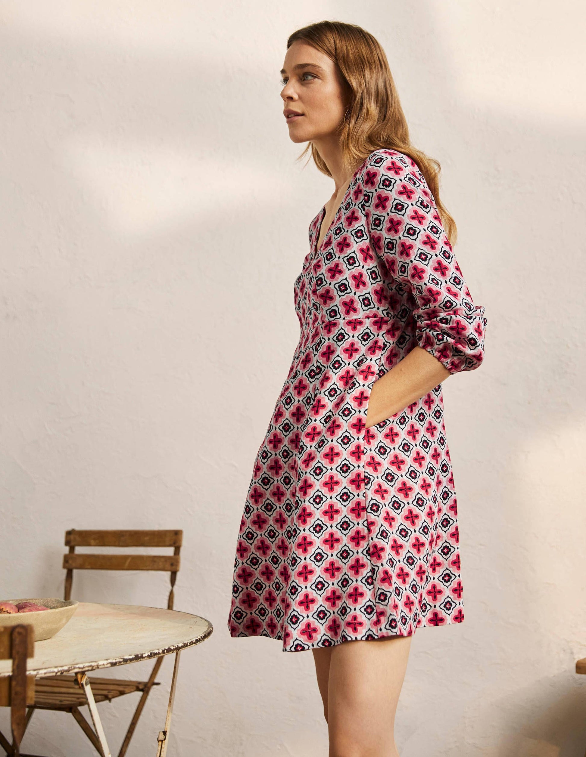 V-Neck Flippy Mini Dress-Formica Pink, Moroccan Diamond-4
