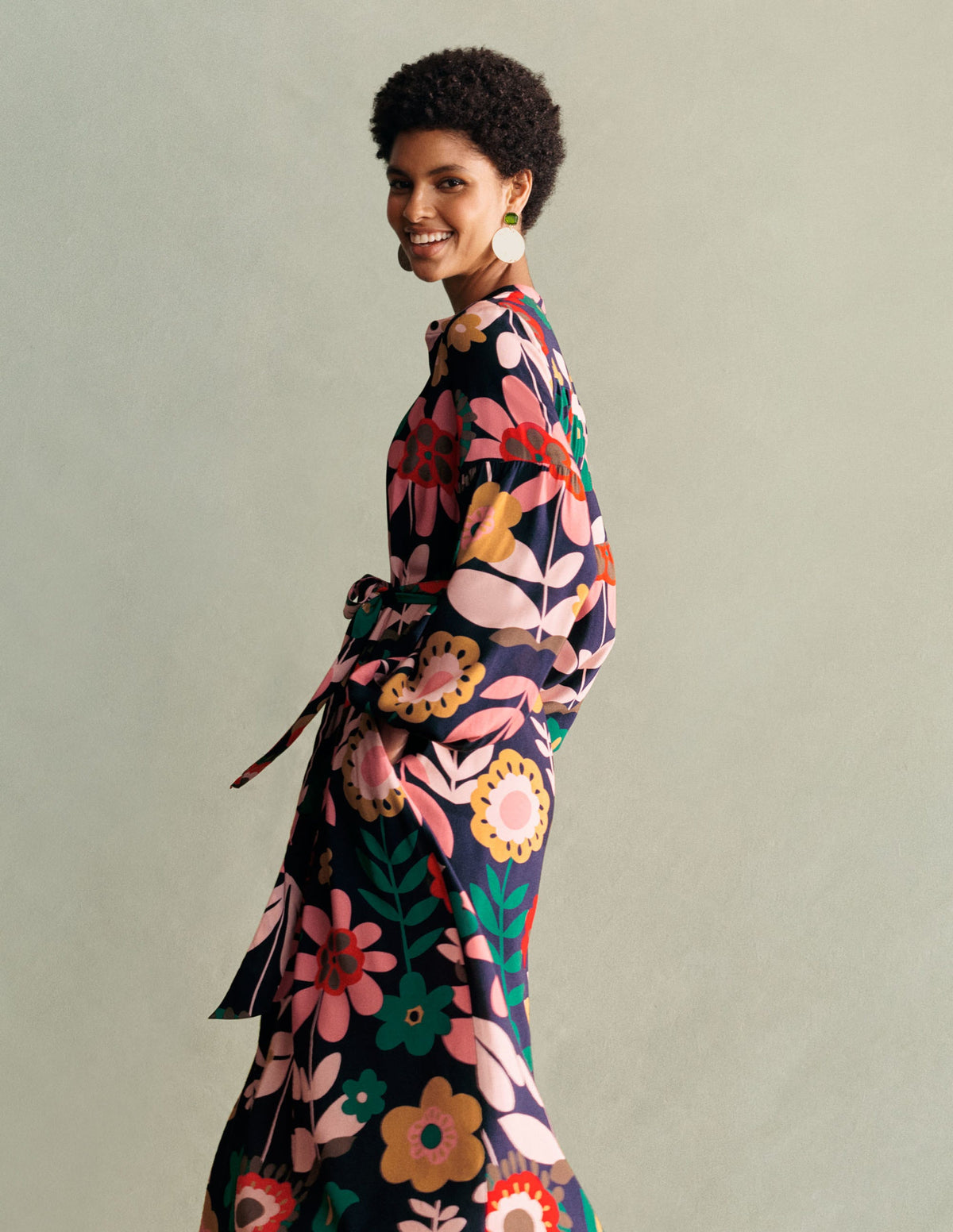 Blouson Sleeve Midi Dress-French Navy, Flora Bloom - Image 6